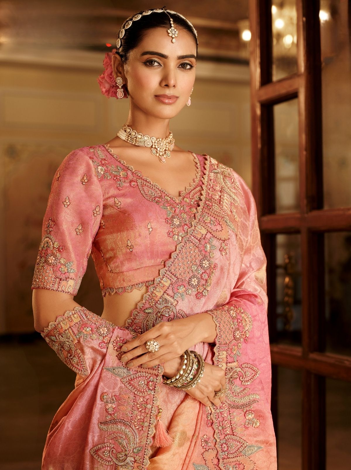 Peach Pink Elegant Designer Wedding Wear Saree With Blouse Piece - TrendOye