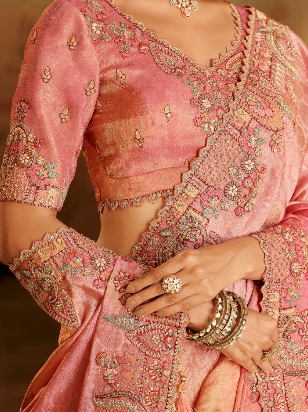 Peach Pink Elegant Designer Wedding Wear Saree With Blouse Piece - TrendOye
