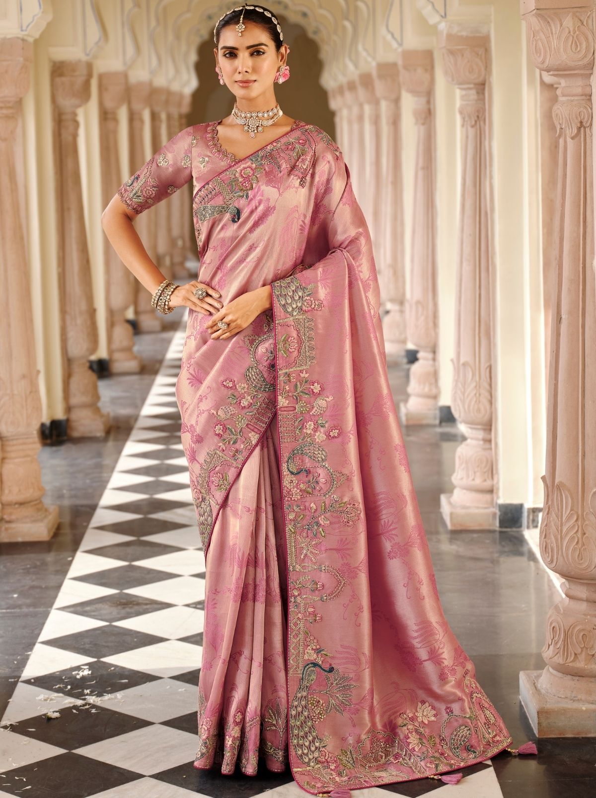 Taffy Pink Fine Soft Silk Saree with Heavy Embroidery Work - TrendOye