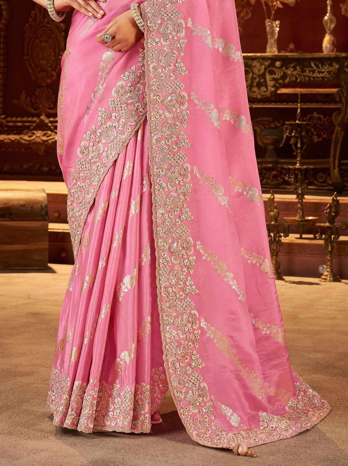 Creamy Pink Elegant Wedding Saree With Heavy Border Embroidery