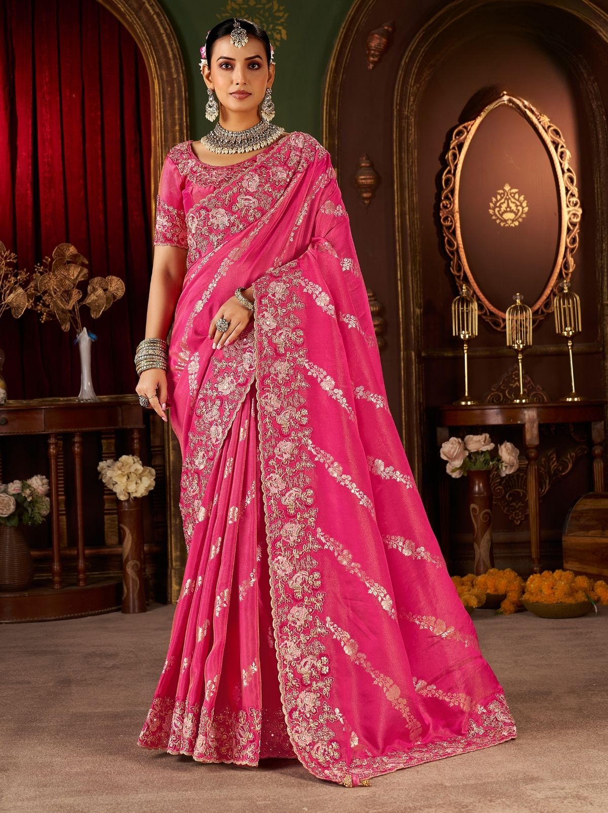 Punch Pink Elegant Wedding Saree With Heavy Border Embroidery