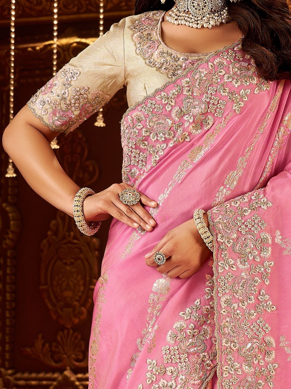 Creamy Pink Elegant Wedding Saree With Heavy Border Embroidery