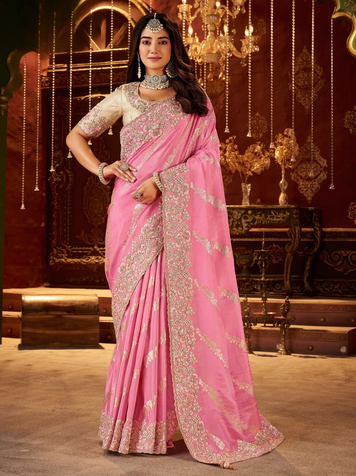 Creamy Pink Elegant Wedding Saree With Heavy Border Embroidery