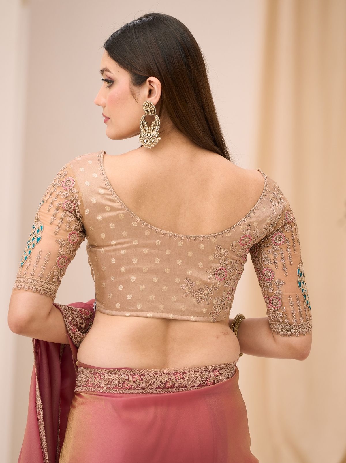Candy Pink Ethnic Saree with Thread & Zari Work - TrendOye