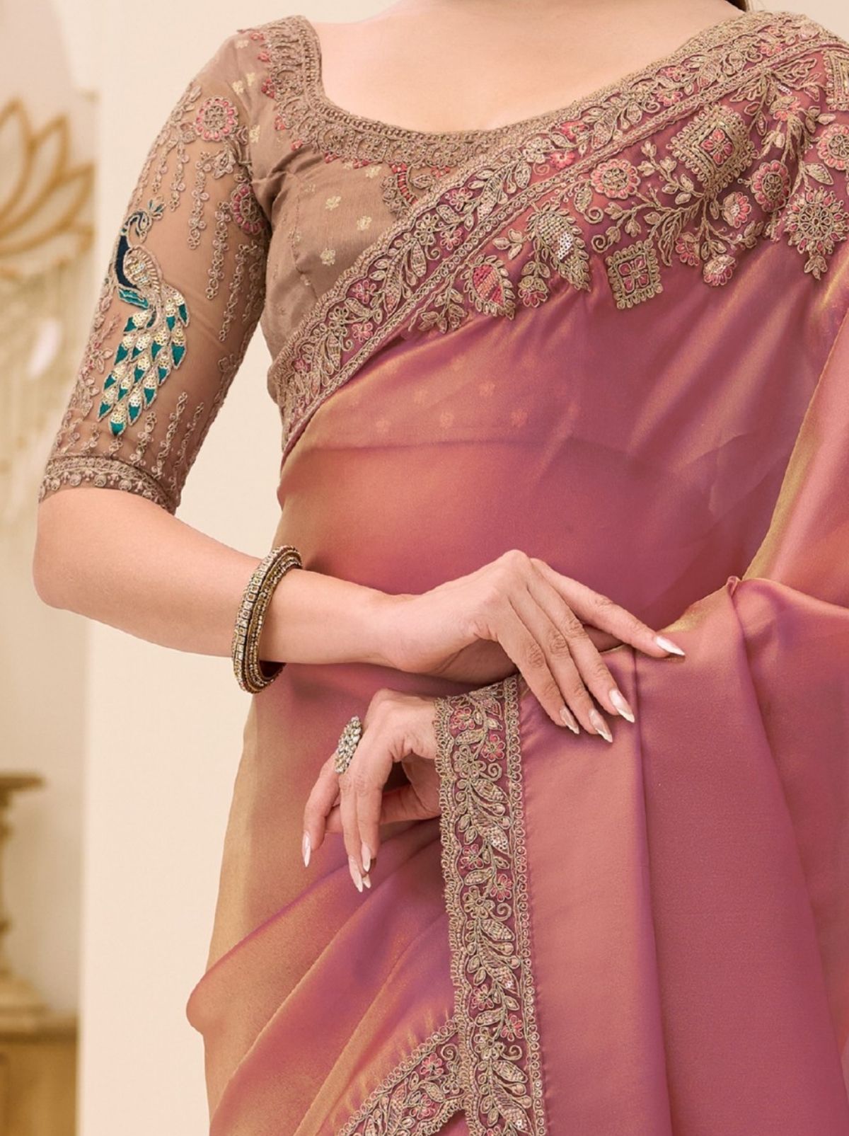 Candy Pink Ethnic Saree with Thread & Zari Work - TrendOye