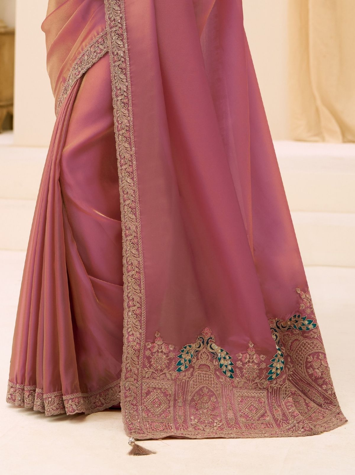 Candy Pink Ethnic Saree with Thread & Zari Work - TrendOye