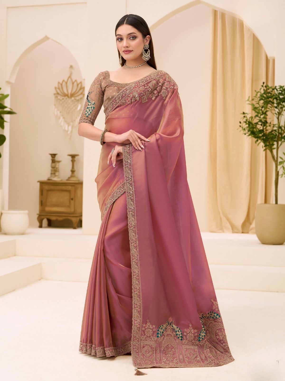Candy Pink Ethnic Saree with Thread & Zari Work - TrendOye