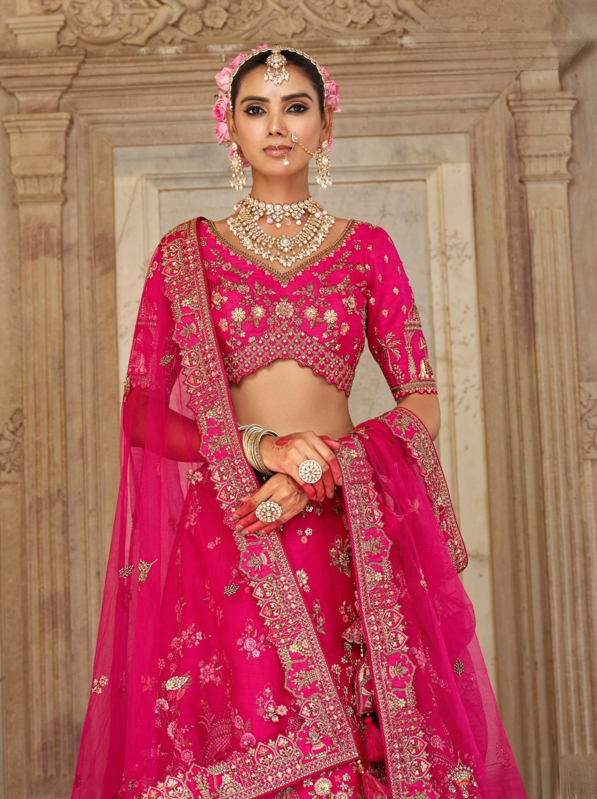 Bright Pink Exclusive Bridal Lehenga Set With Heavy Khatli & Thread Work