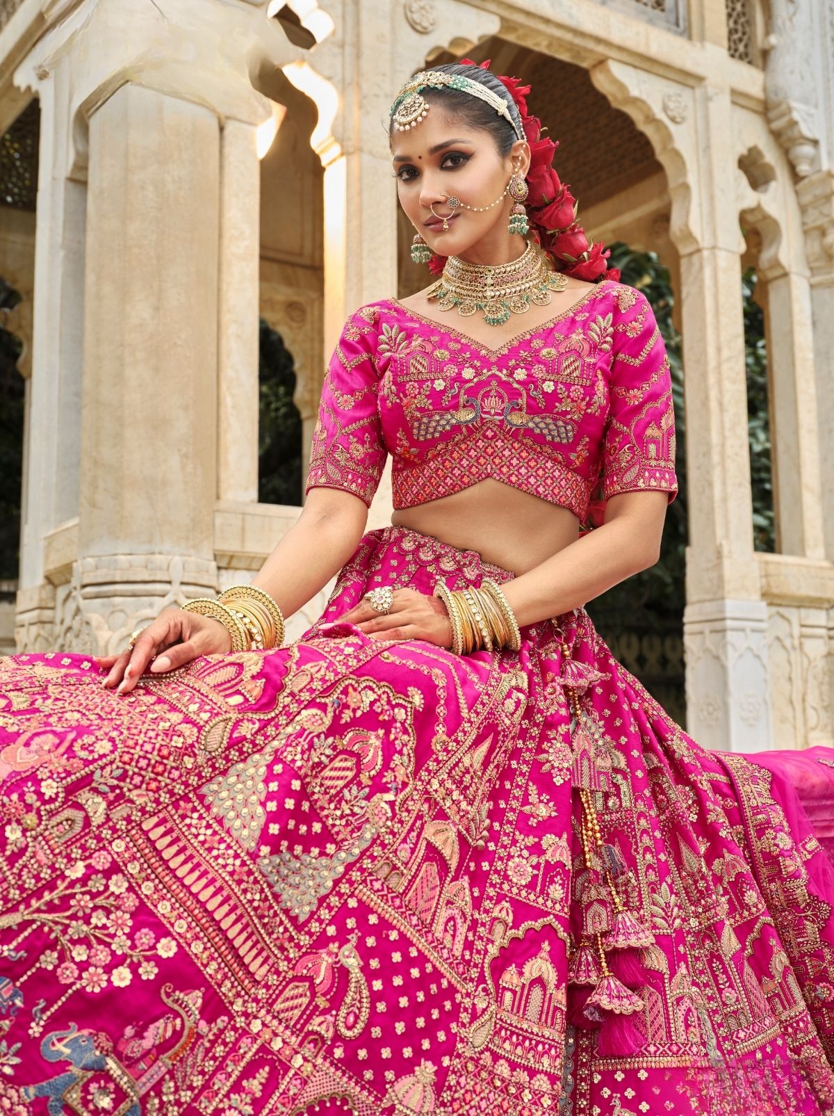 Dark Pink Exclusive Bridal Lehenga Set With Khatli Embroidery