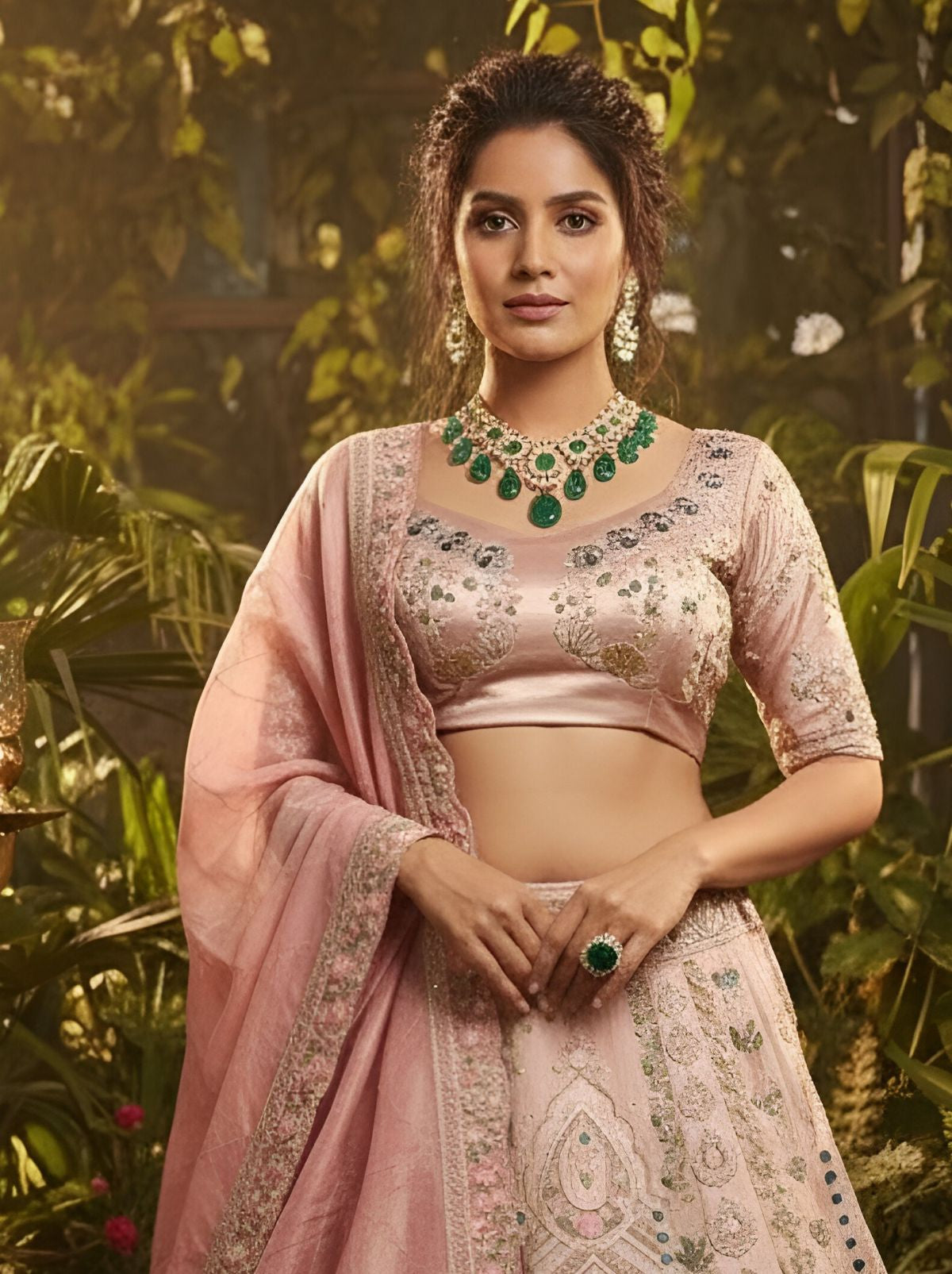 Peach Pink Exclusive Reception Lehenga Set With Zari Work