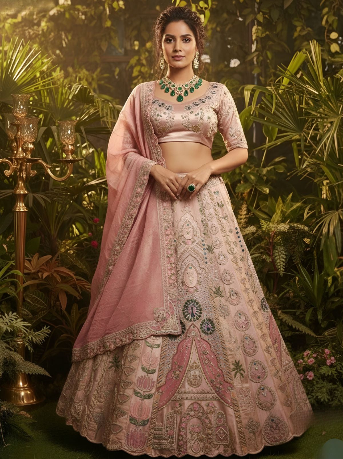 Peach Pink Exclusive Reception Lehenga Set With Zari Work