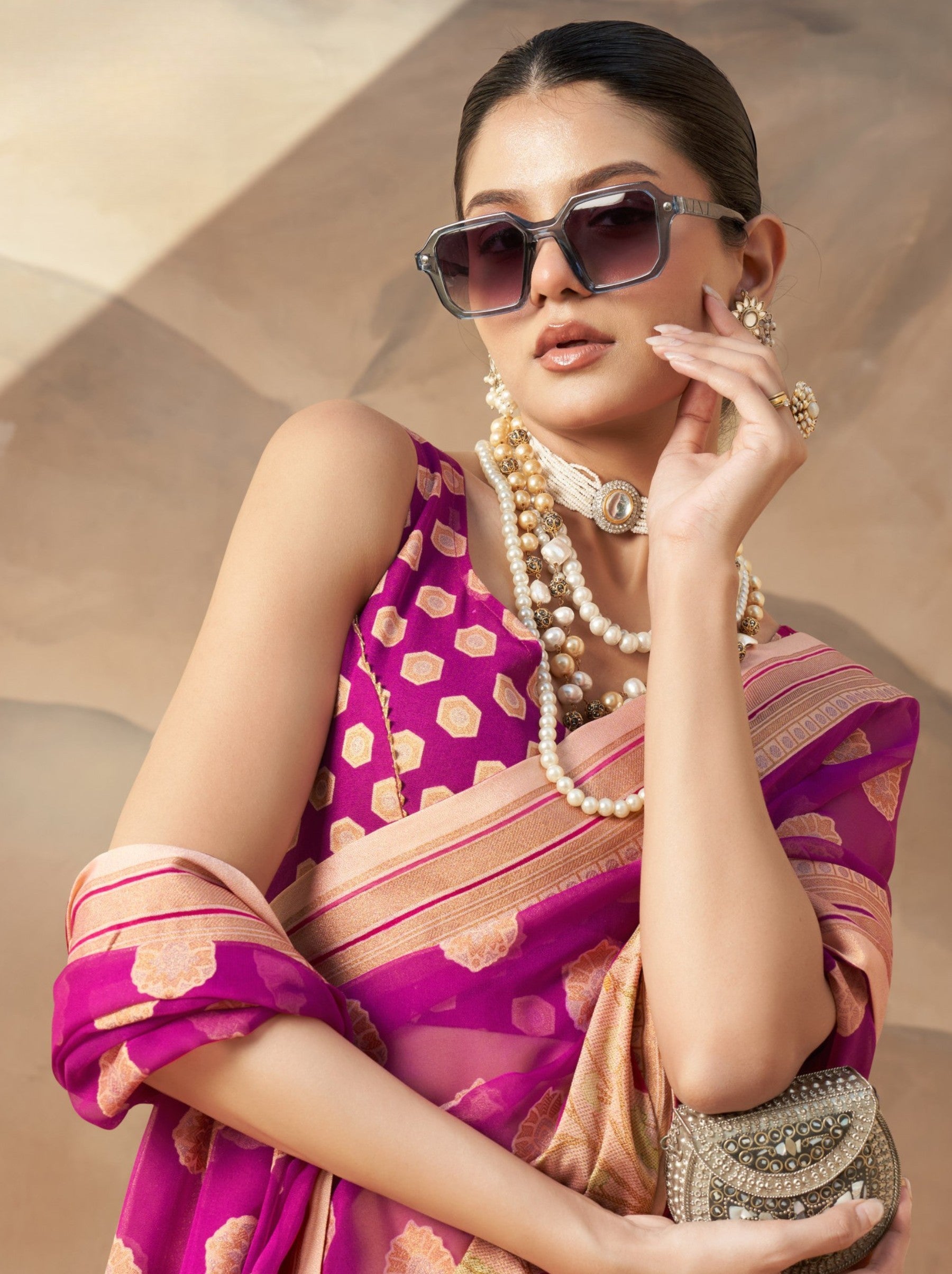 Fuchsia Pink Celebration Saree - TrendOye
