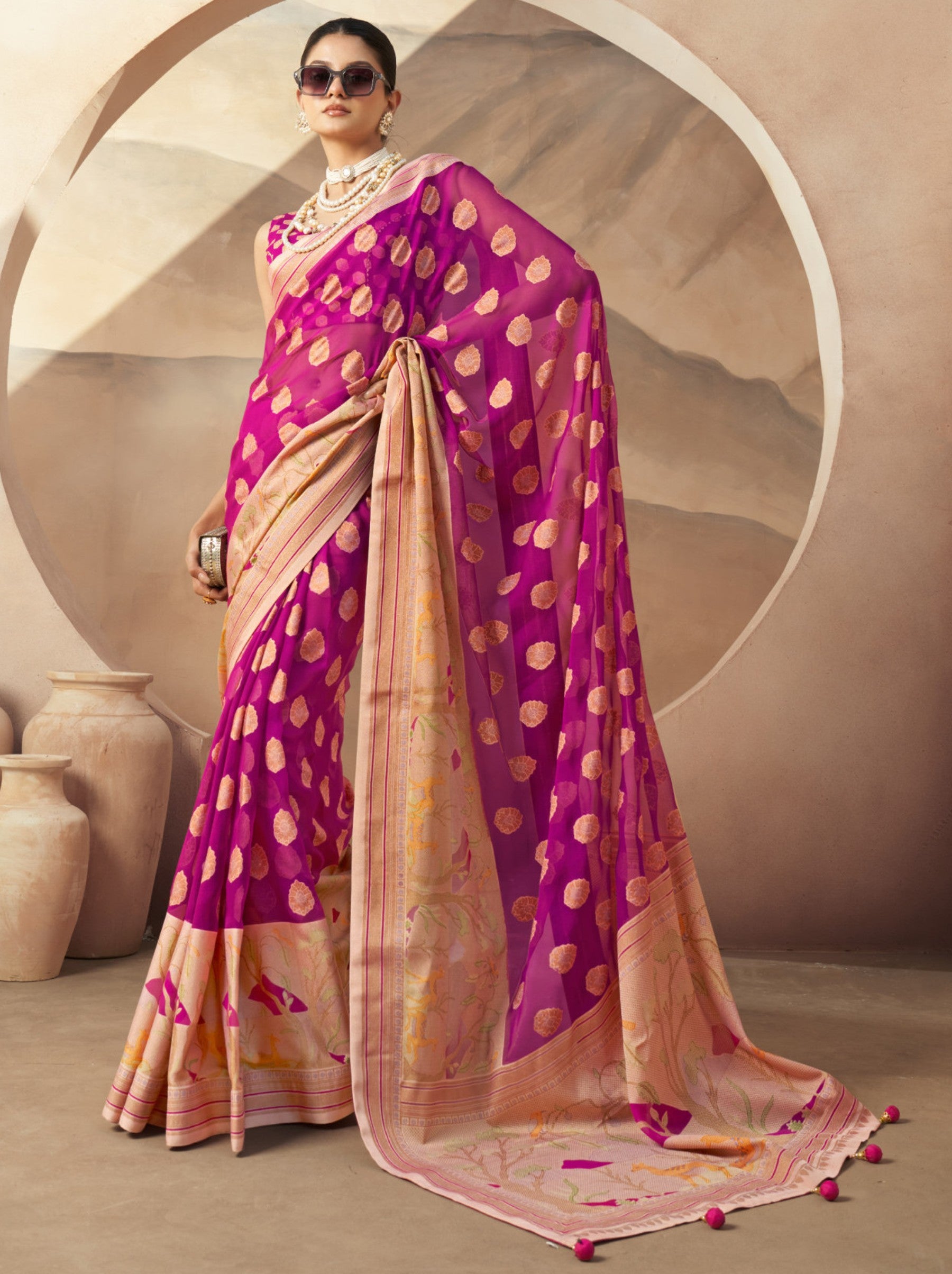 Fuchsia Pink Celebration Saree - TrendOye
