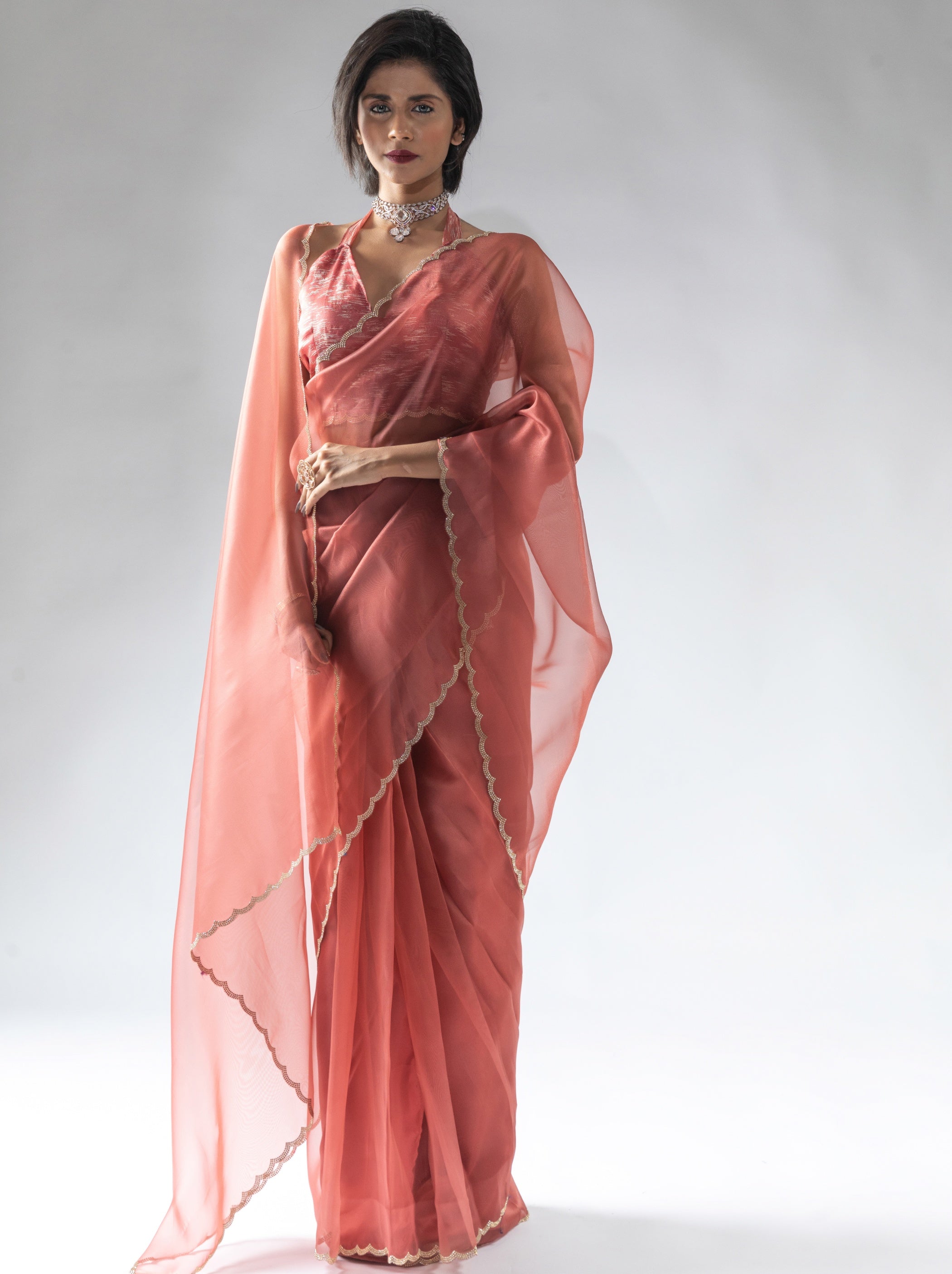 Peach Pink Fancy Ready to Wear Organza Saree With Stone Work Border