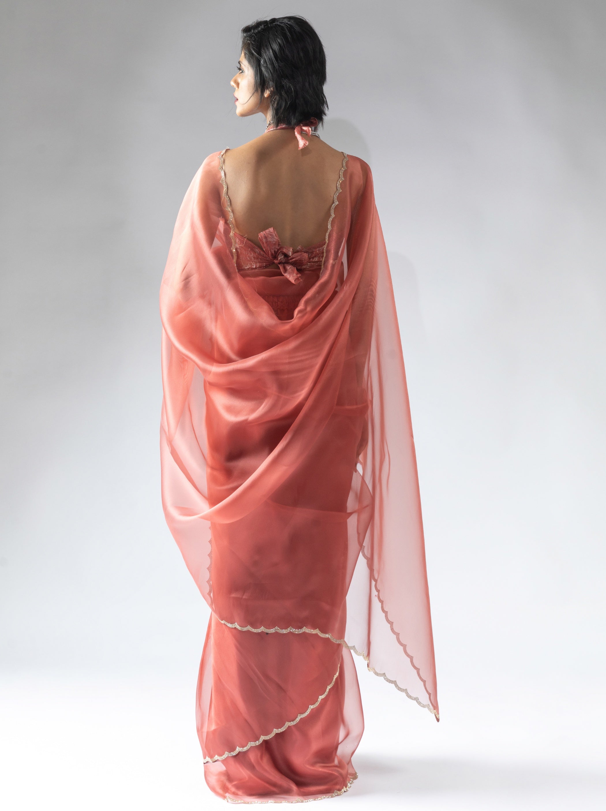 Peach Pink Fancy Ready to Wear Organza Saree With Stone Work Border