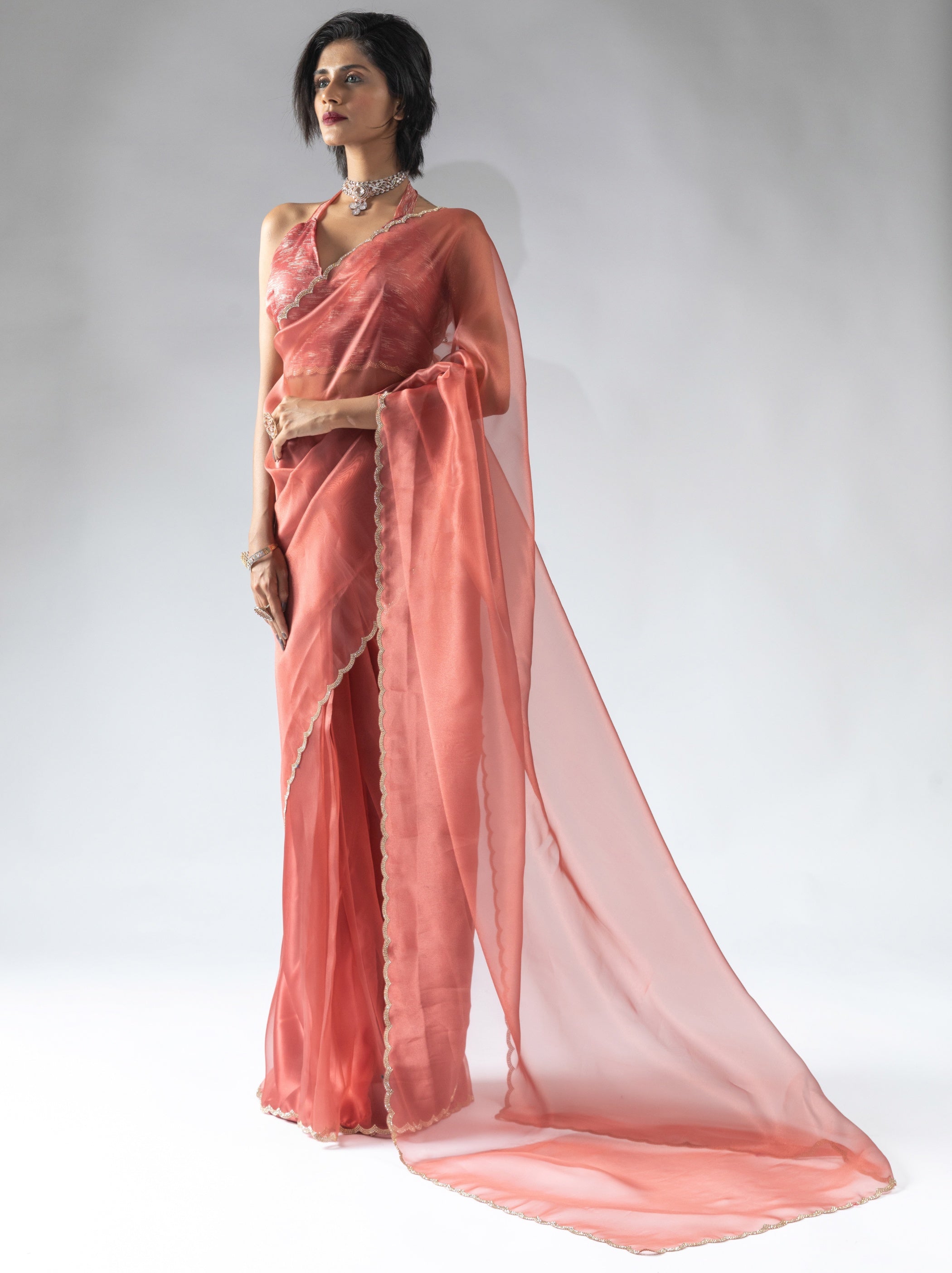 Peach Pink Fancy Ready to Wear Organza Saree With Stone Work Border