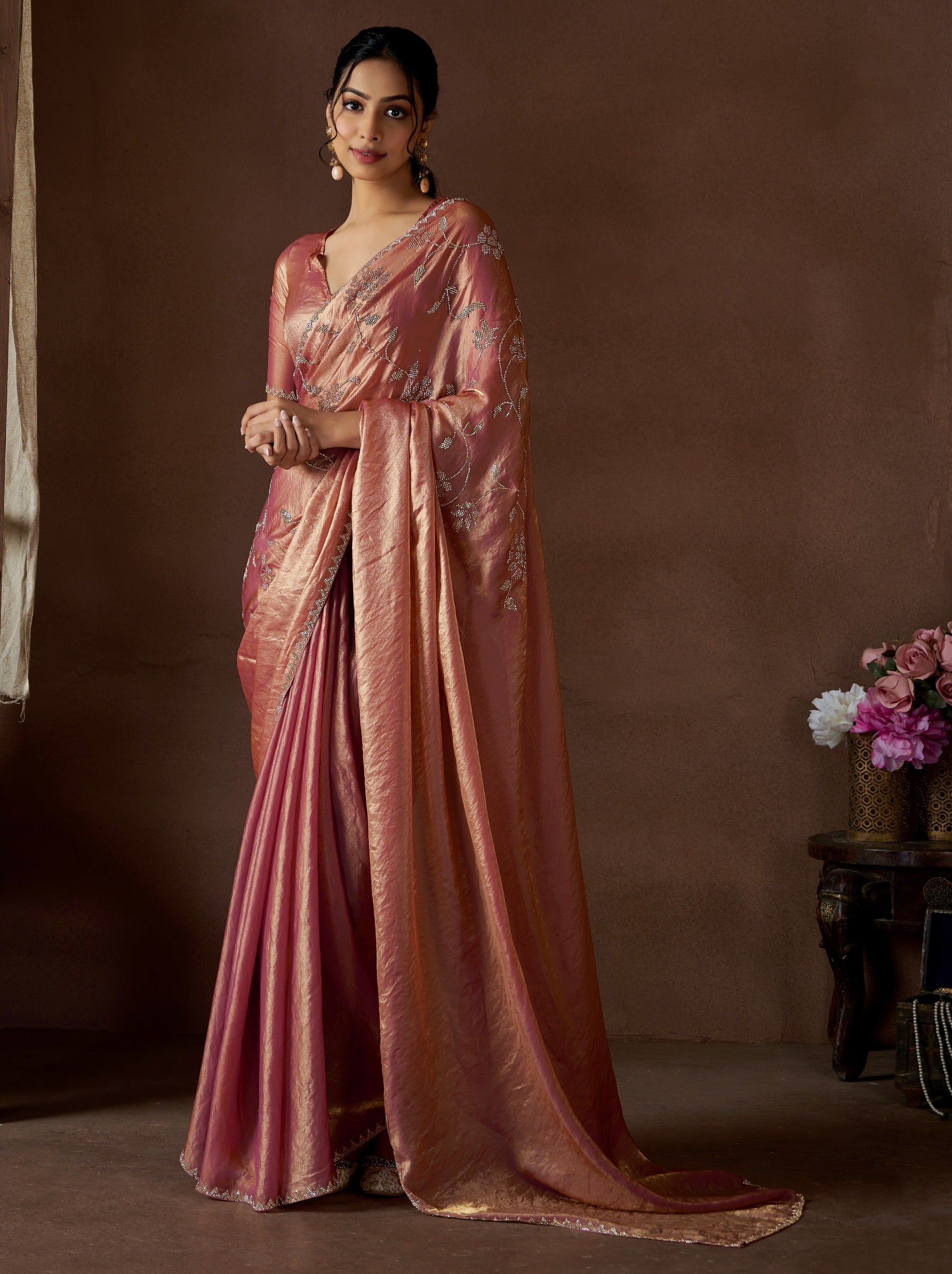 Mulberry Pink Fancy Premium Satin Silk Party Saree - TrendOye