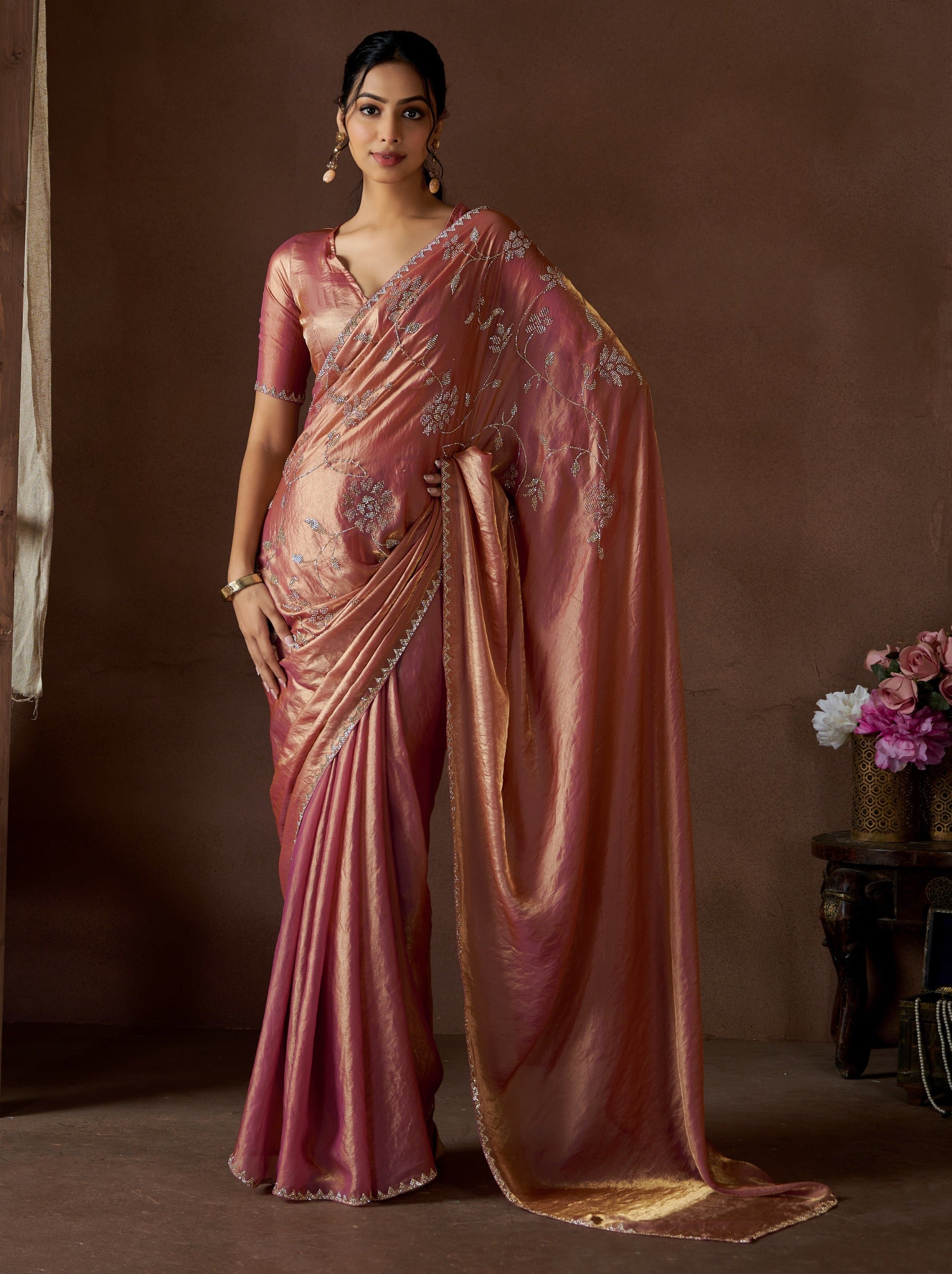Mulberry Pink Fancy Premium Satin Silk Party Saree - TrendOye