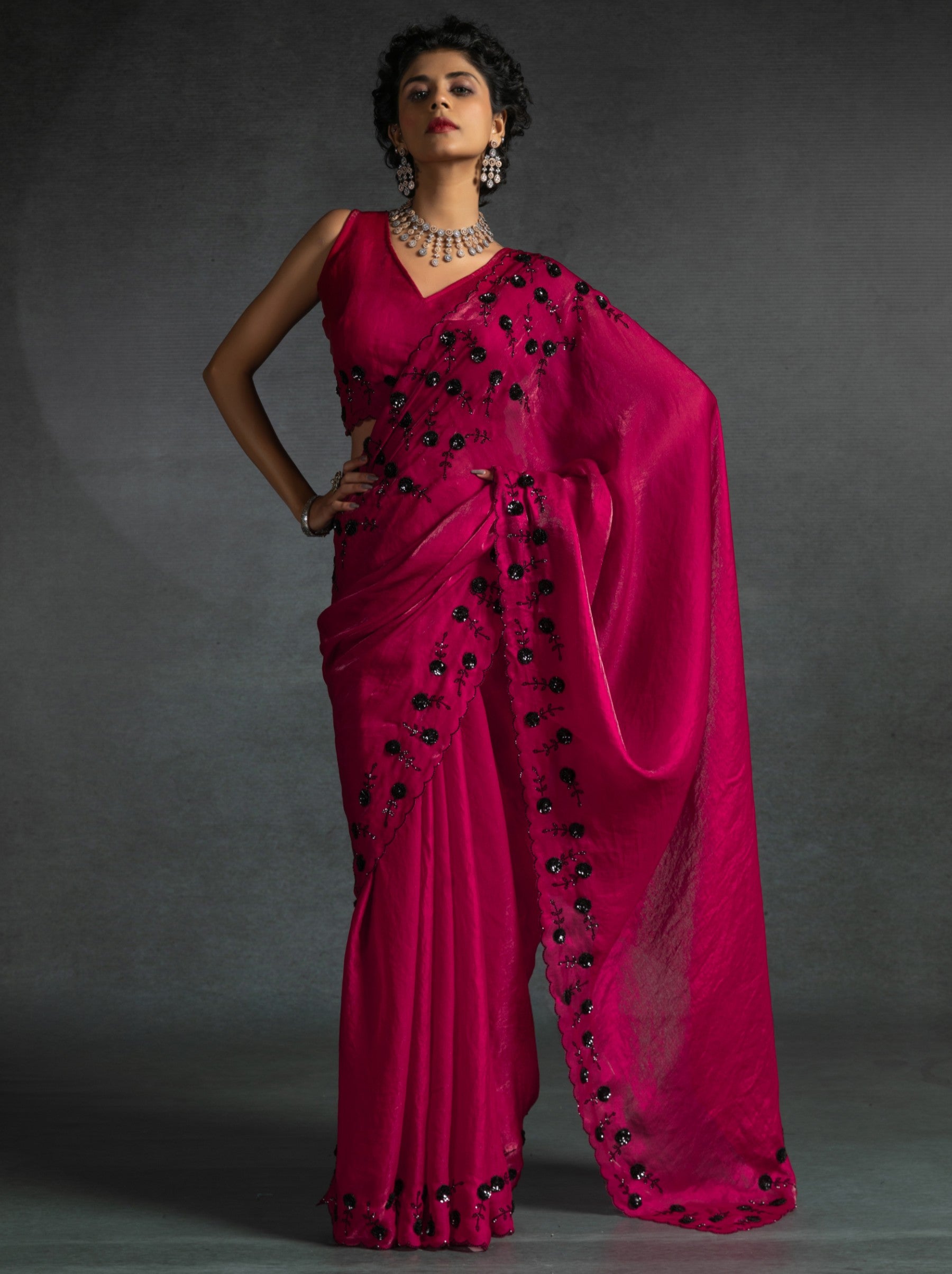 Ruby Pink Satin Silk Designer Party Saree With Blouse Piece - TrendOye
