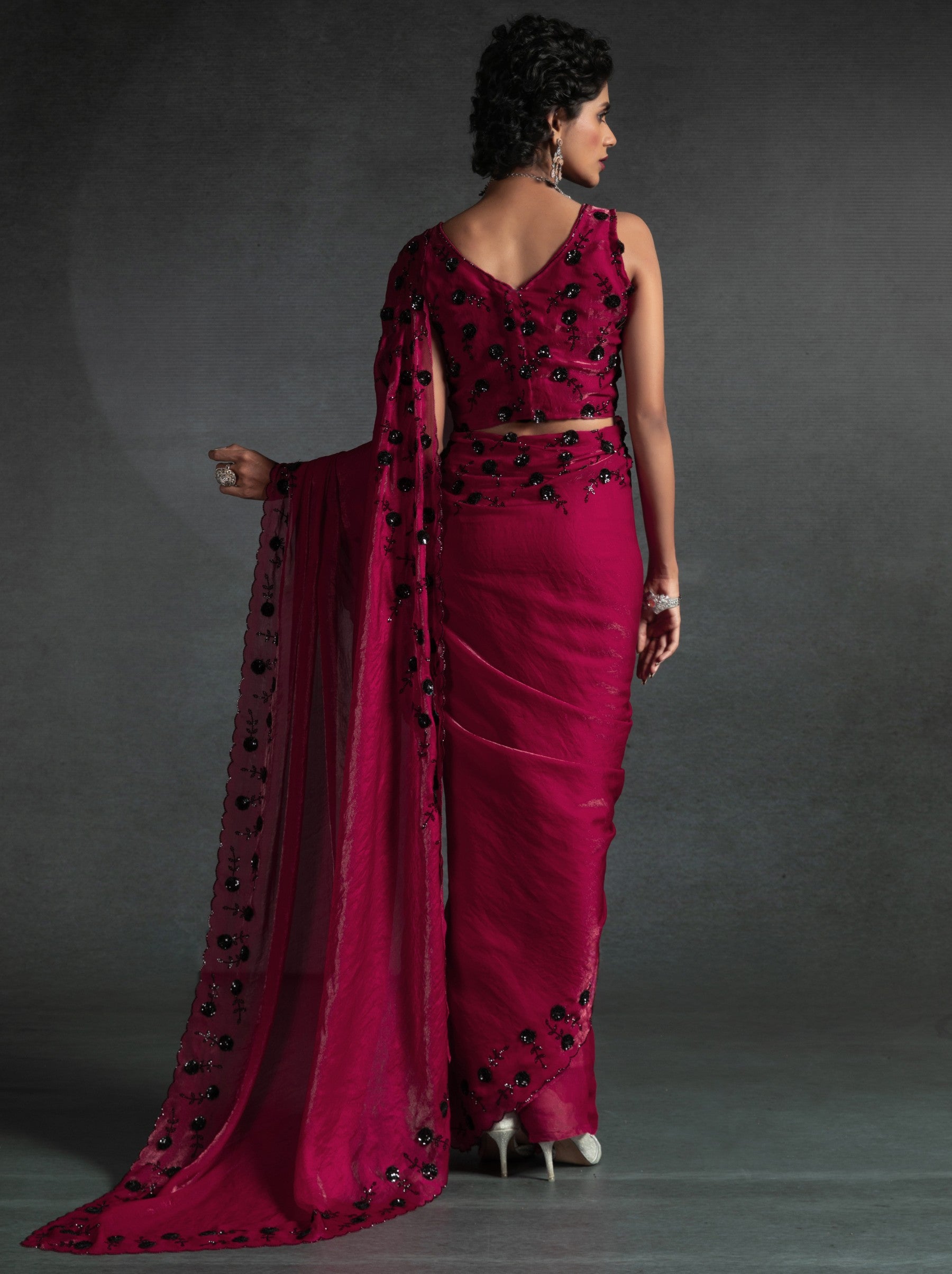 Ruby Pink Satin Silk Designer Party Saree With Blouse Piece - TrendOye