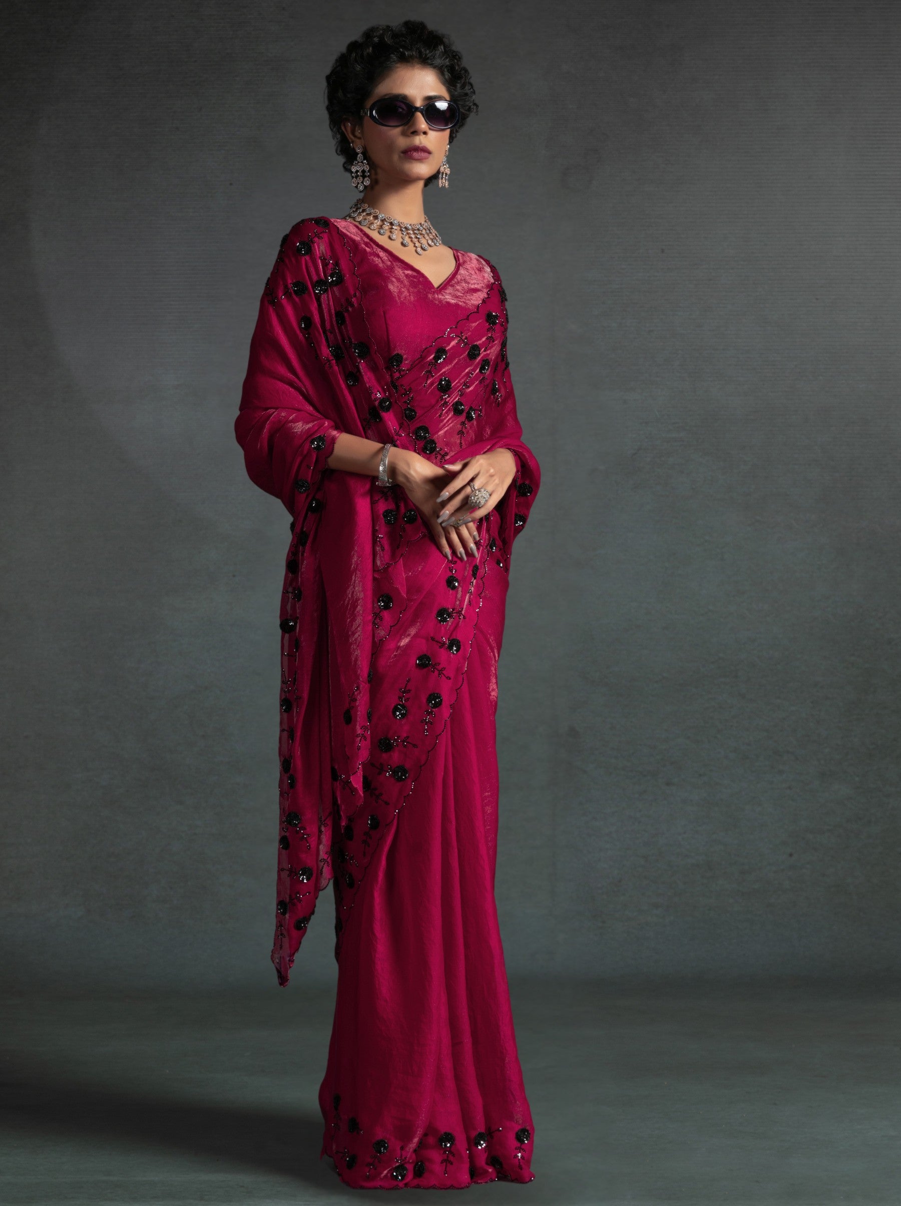 Ruby Pink Satin Silk Designer Party Saree With Blouse Piece - TrendOye