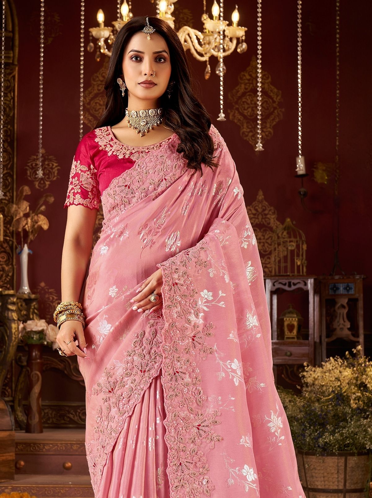 Carnation Pink Fancy Silk Wedding Saree With Designer Embroidery
