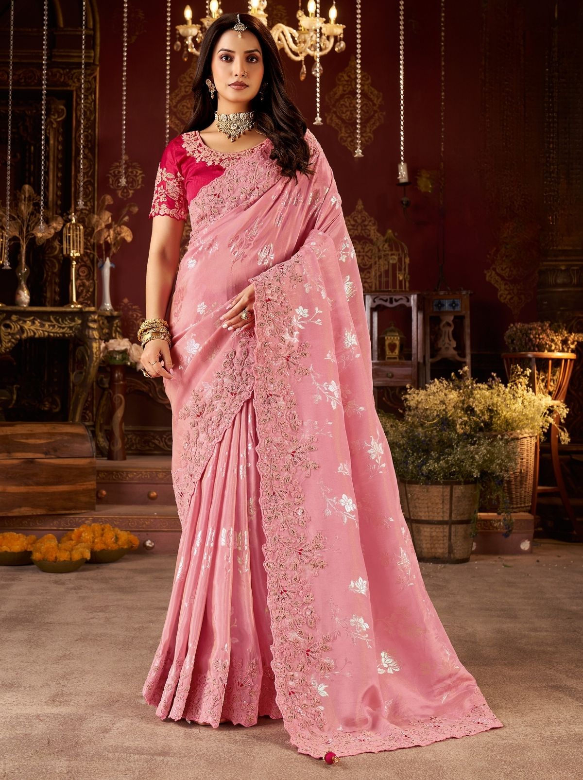 Carnation Pink Fancy Silk Wedding Saree With Designer Embroidery