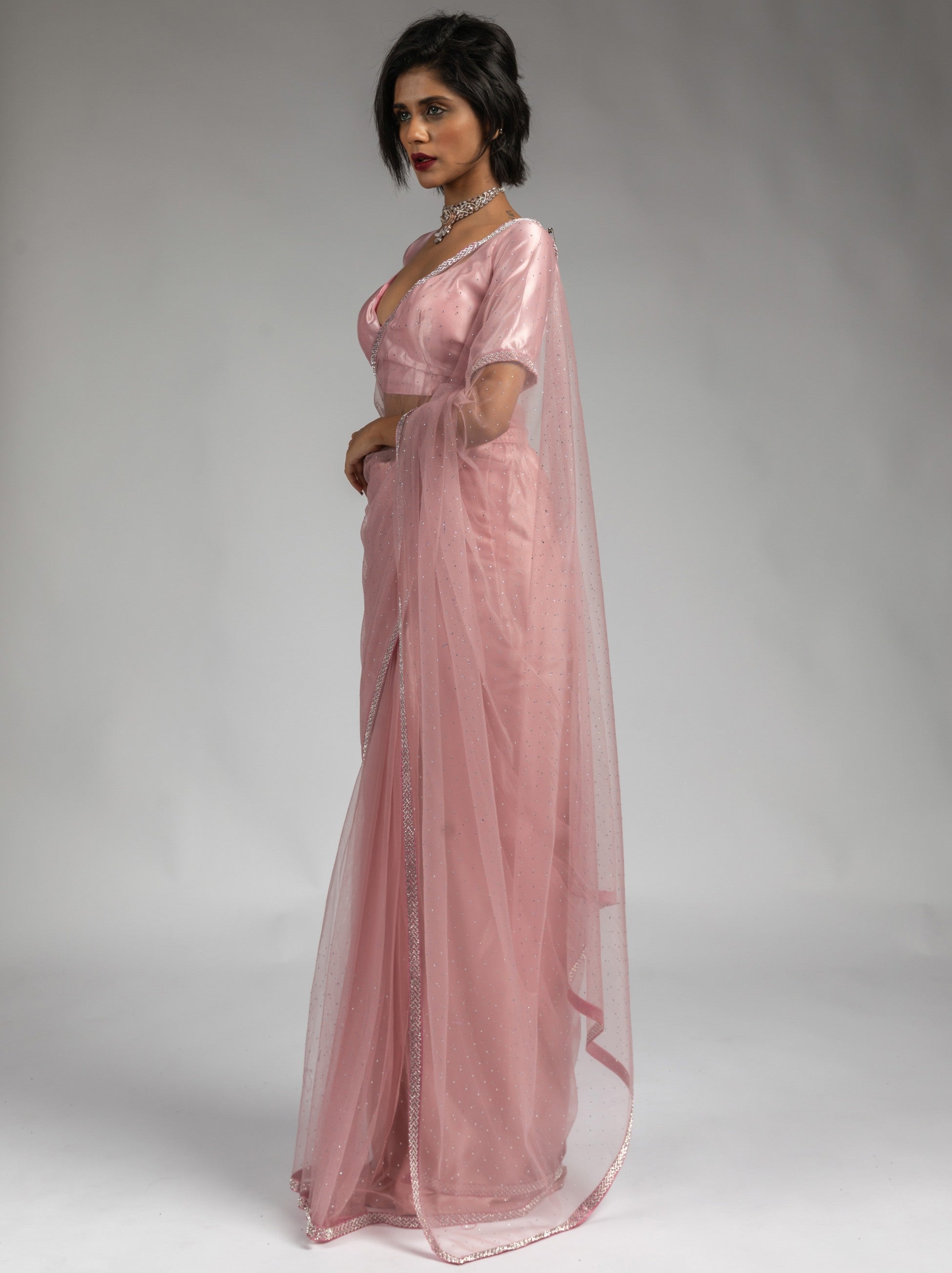 Flamingo Pink Net Designer Ready to Wear Saree With Diamond Work - TrendOye