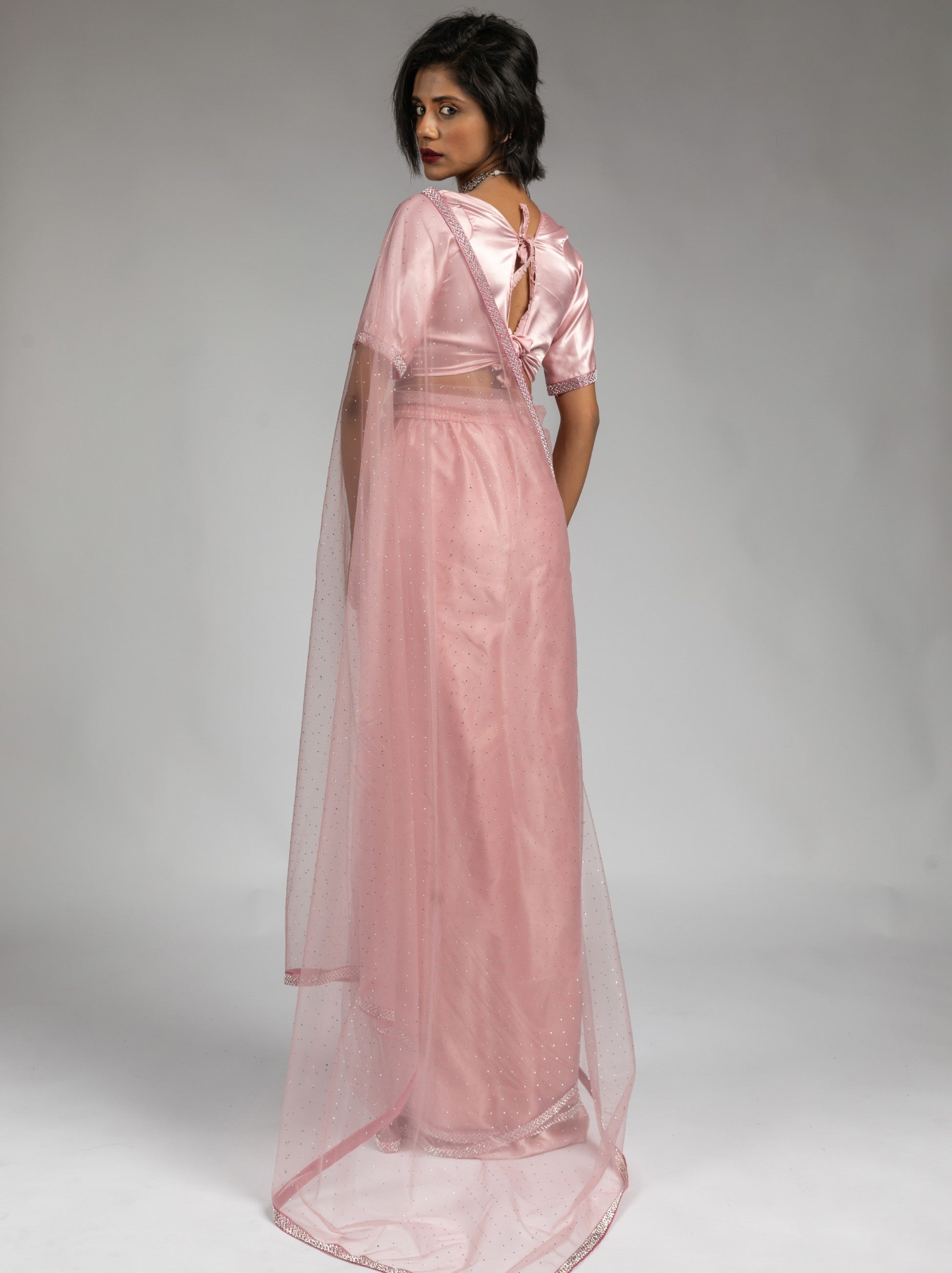 Flamingo Pink Net Designer Ready to Wear Saree With Diamond Work - TrendOye
