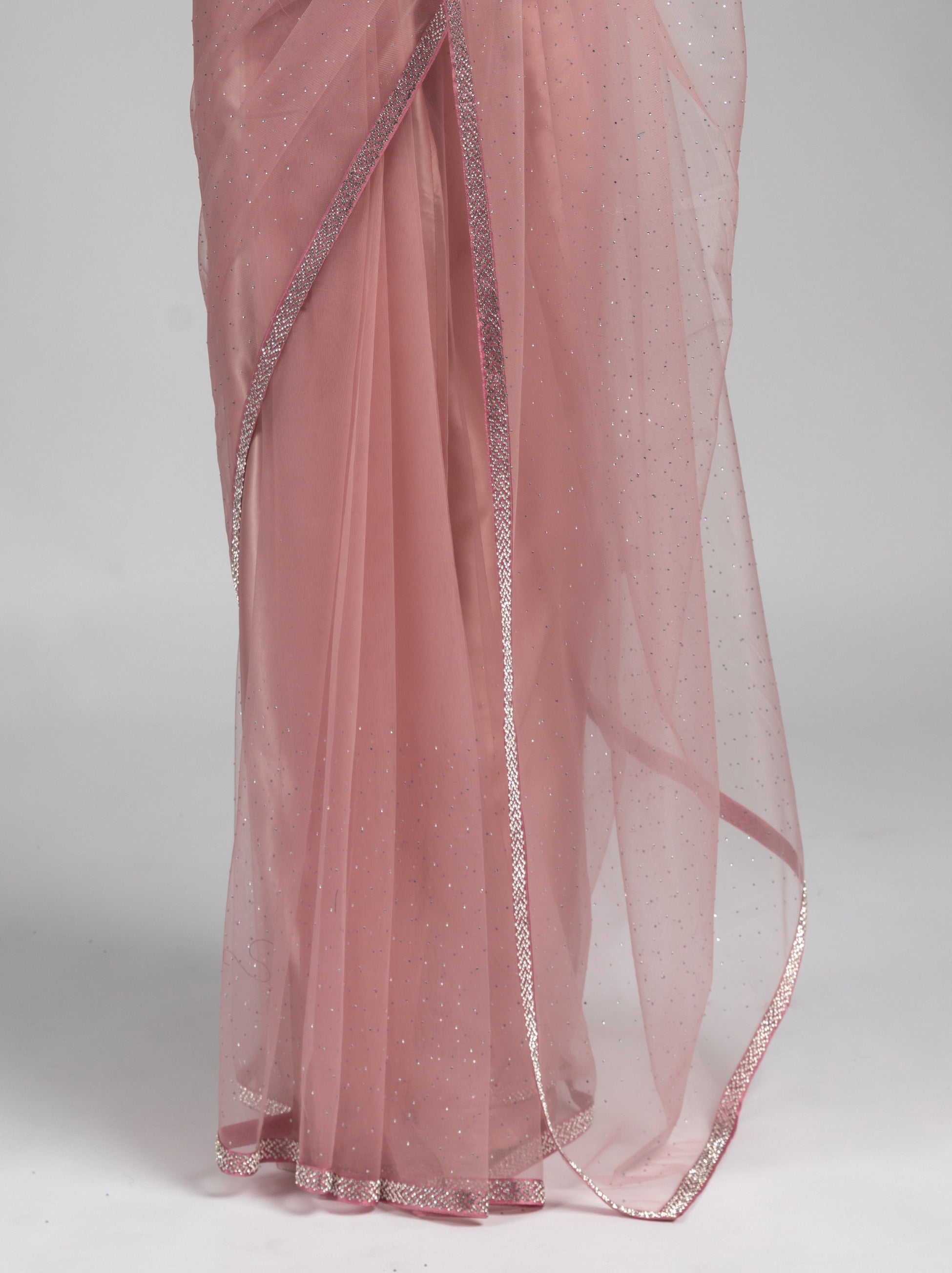 Flamingo Pink Net Designer Ready to Wear Saree With Diamond Work - TrendOye