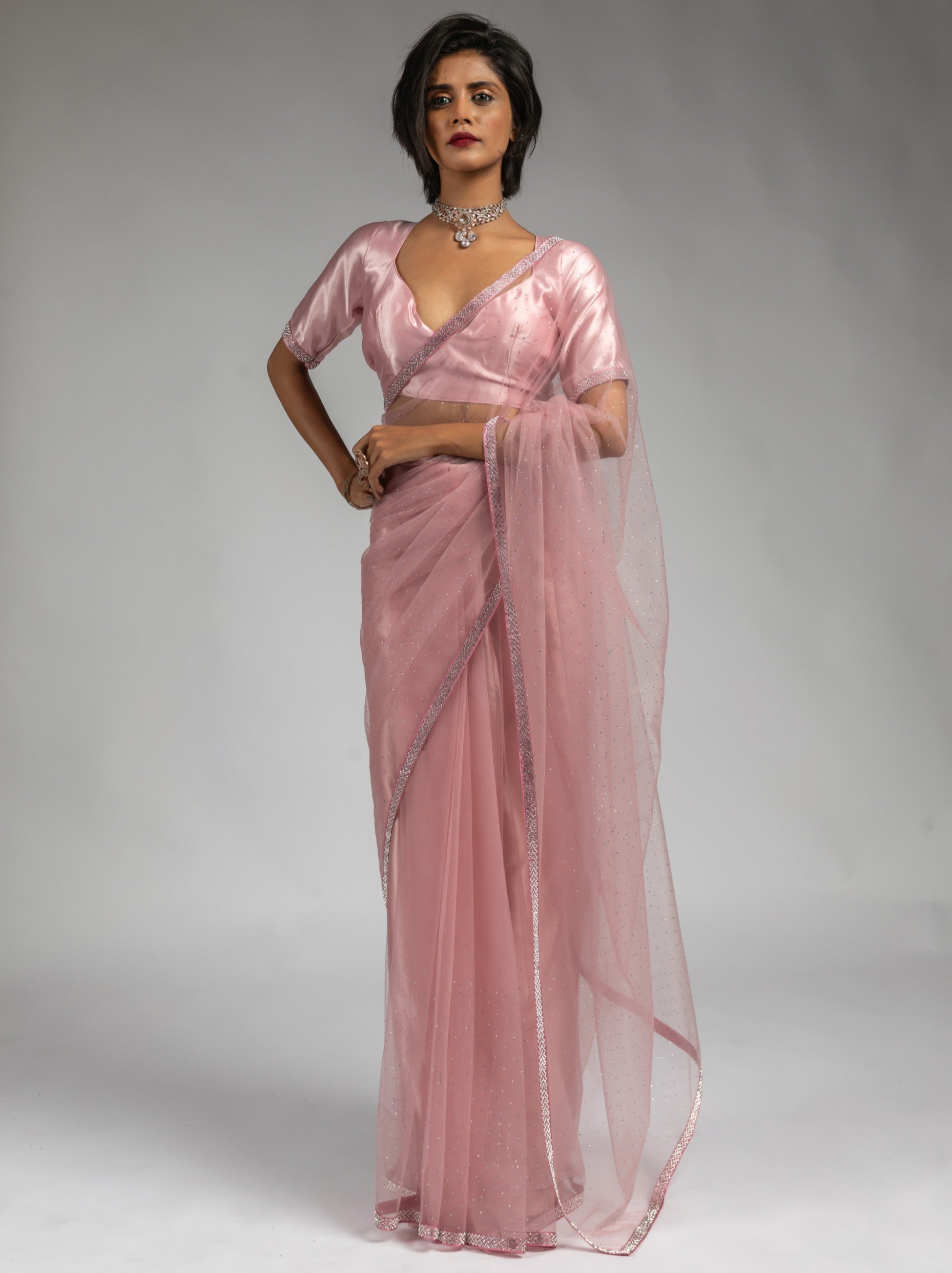 Flamingo Pink Net Designer Ready to Wear Saree With Diamond Work - TrendOye