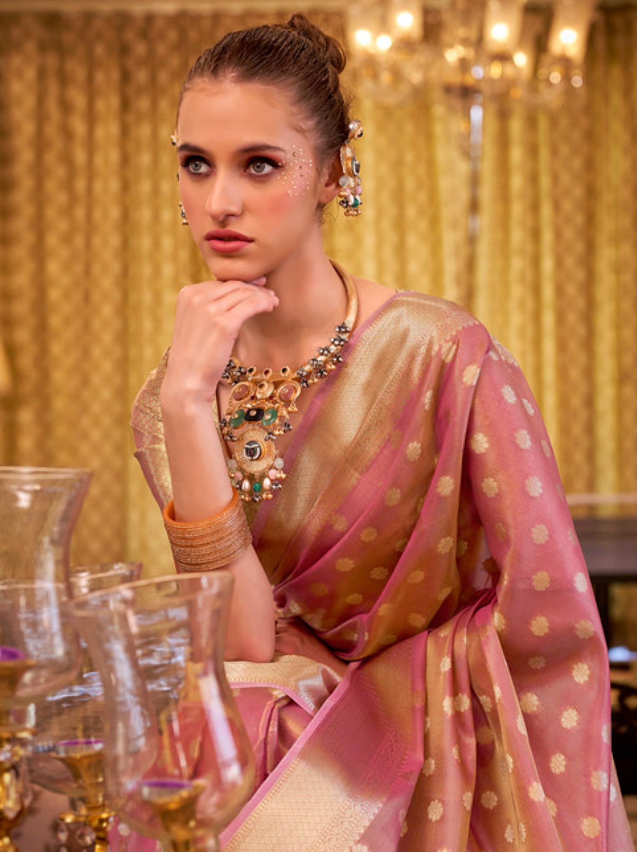 Punch Pink Fancy Tissue Silk Saree With Blouse Piece - TrendOye