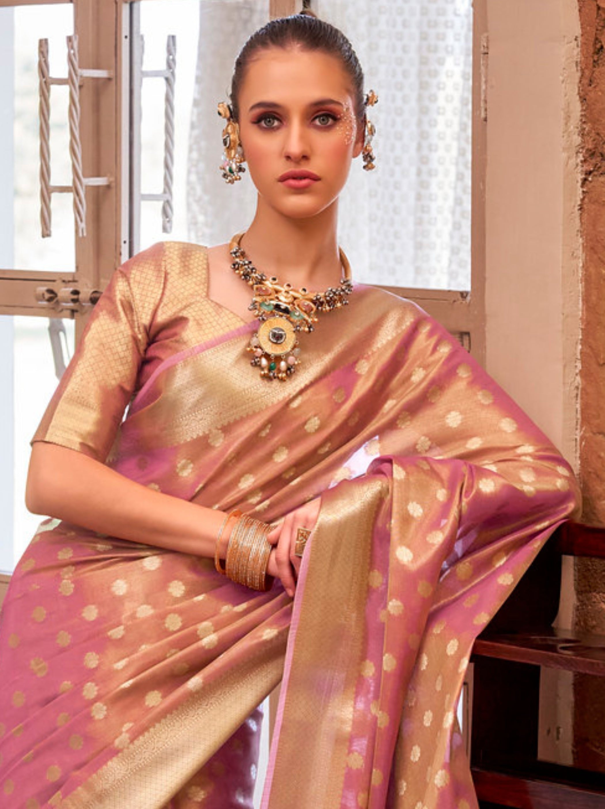 Punch Pink Fancy Tissue Silk Saree With Blouse Piece - TrendOye