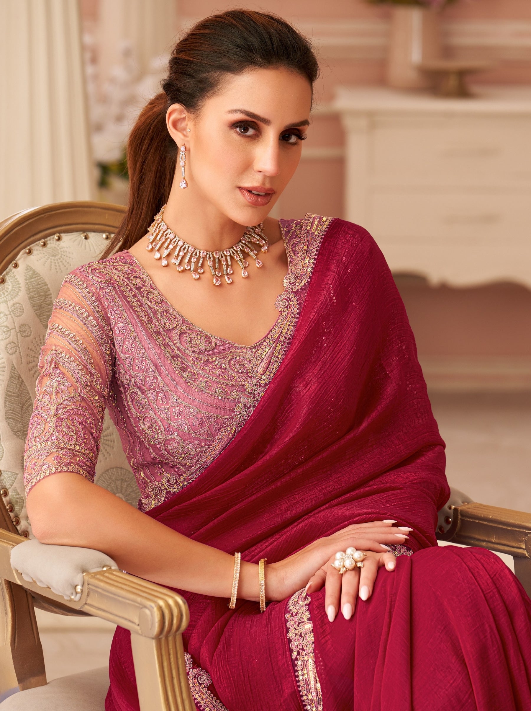 Ruby Pink Premium Designer Party Saree - TrendOye