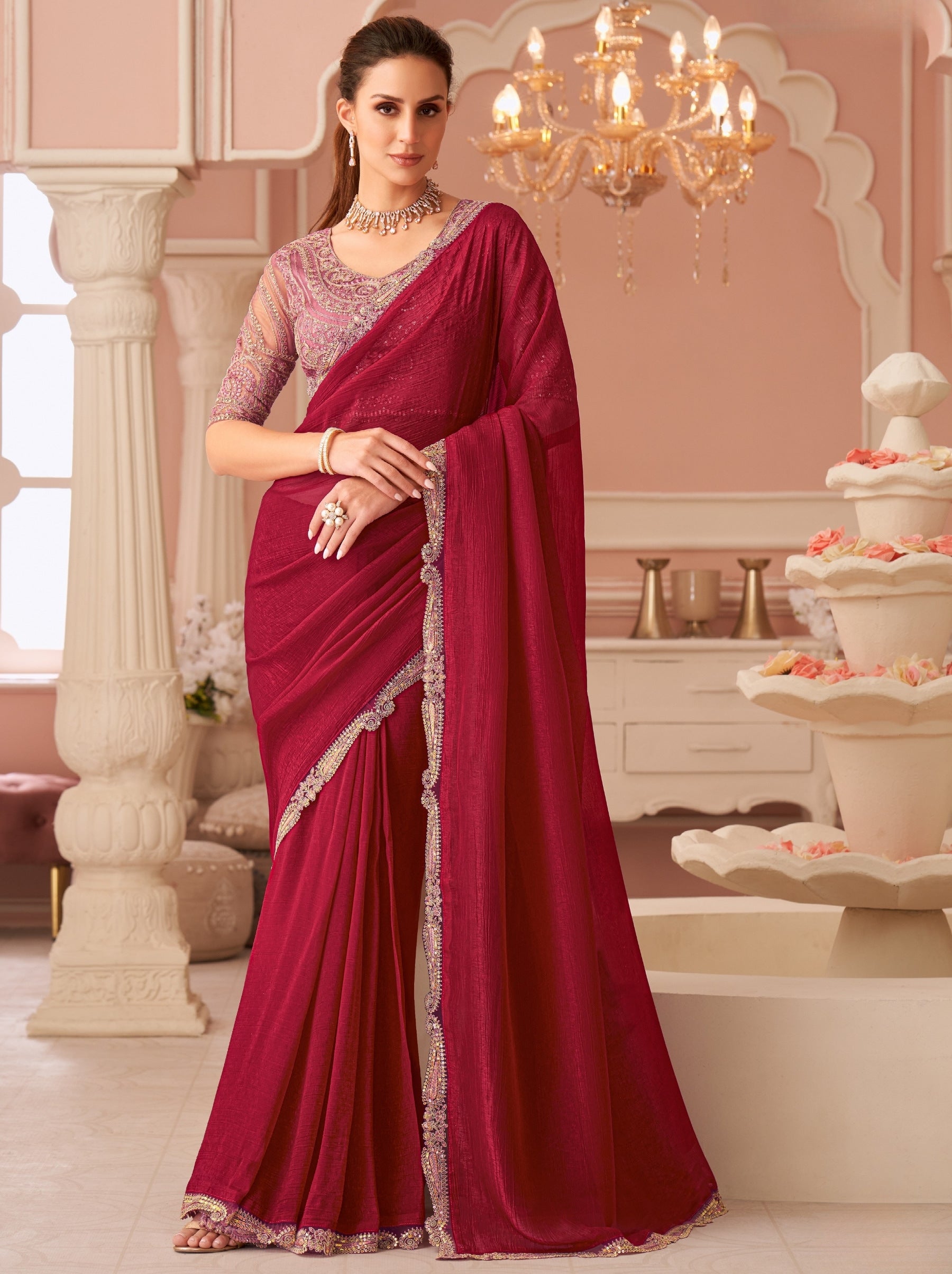 Ruby Pink Premium Designer Party Saree - TrendOye