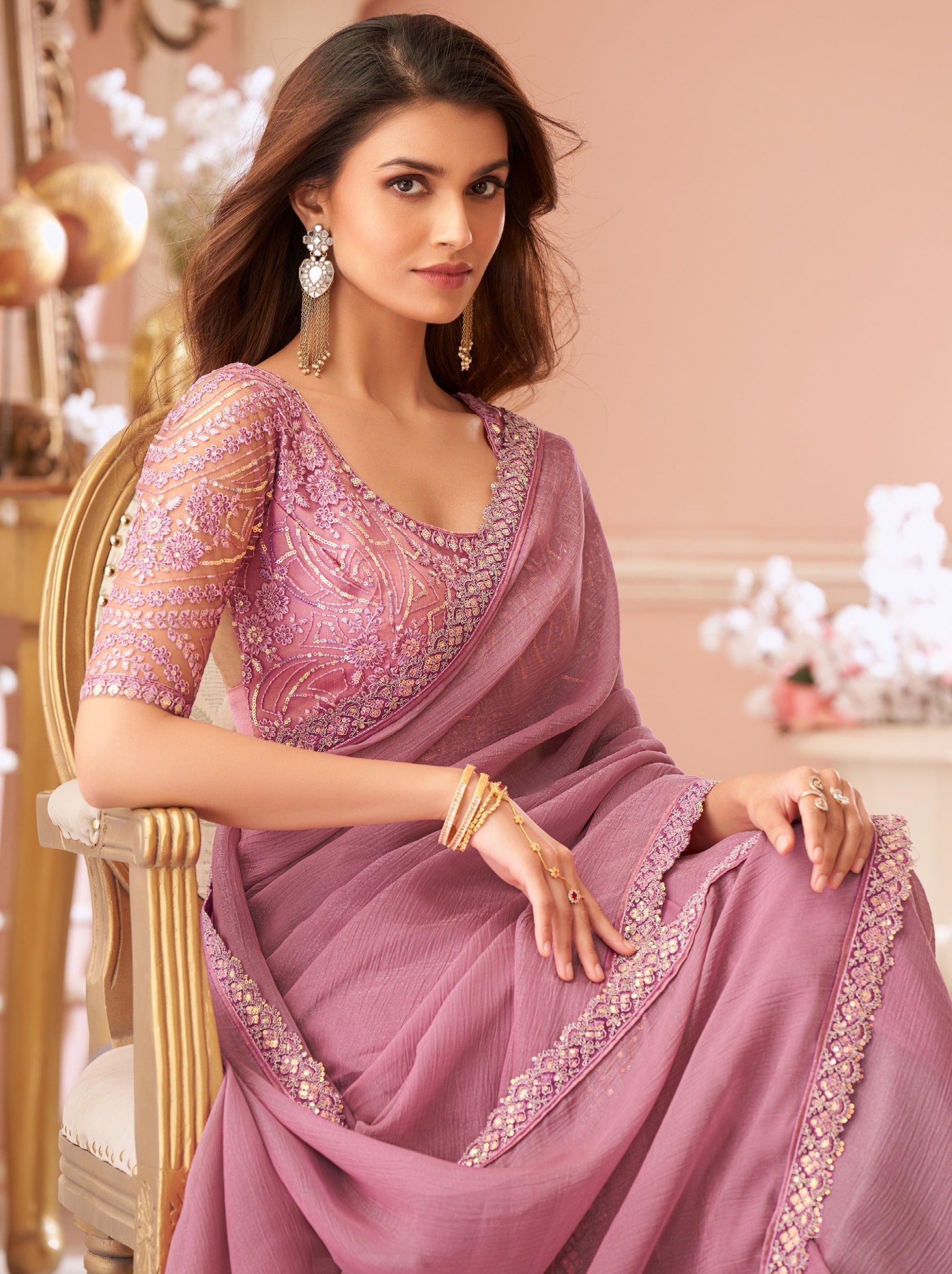 Creamy Pink Premium Designer Party Saree - TrendOye
