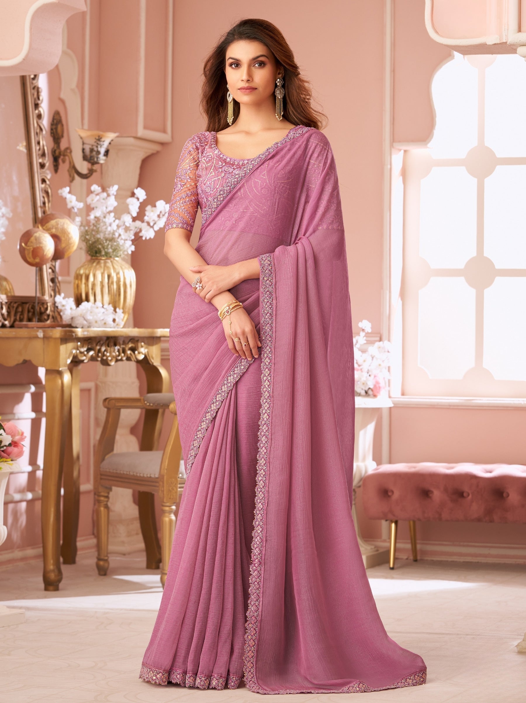 Creamy Pink Premium Designer Party Saree - TrendOye