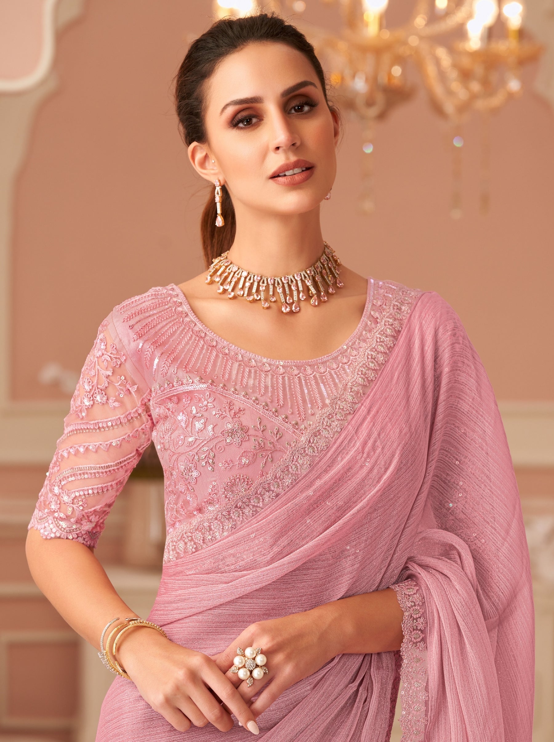 Rose Pink Premium Designer Party Saree - TrendOye