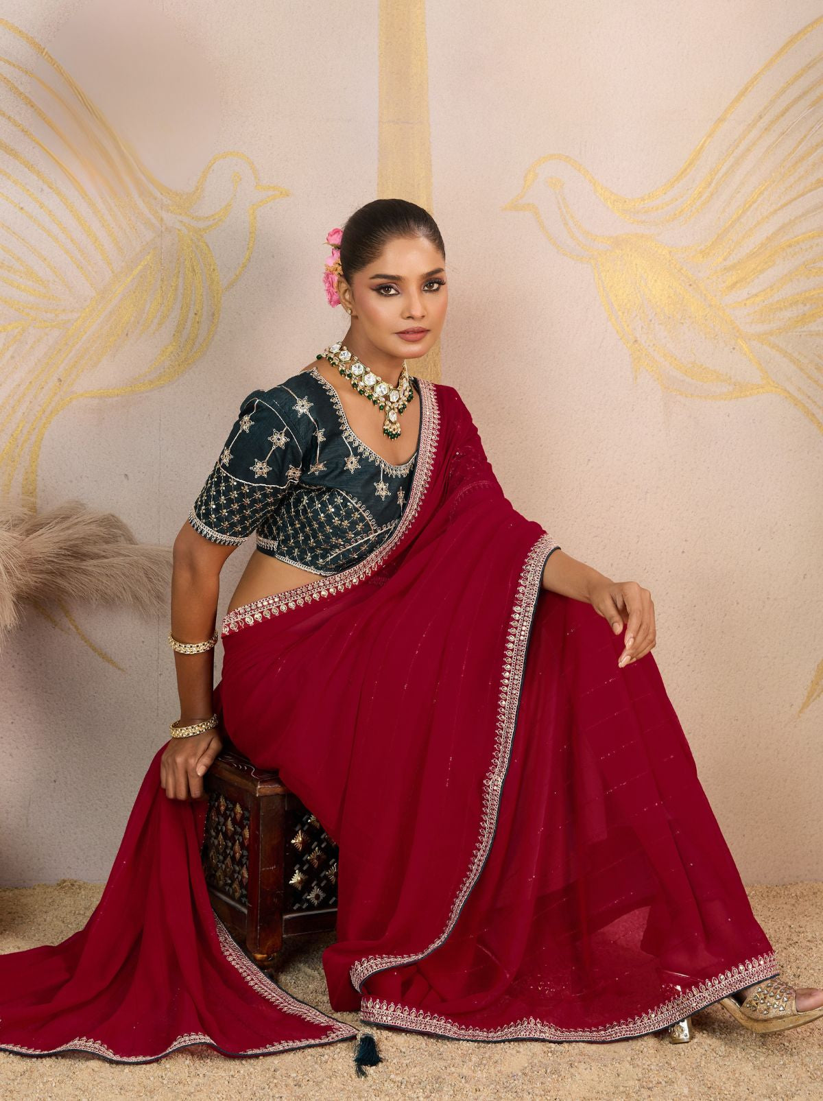 Ruby Pink Georgette Silk Party Saree with Zari & Sequin Border