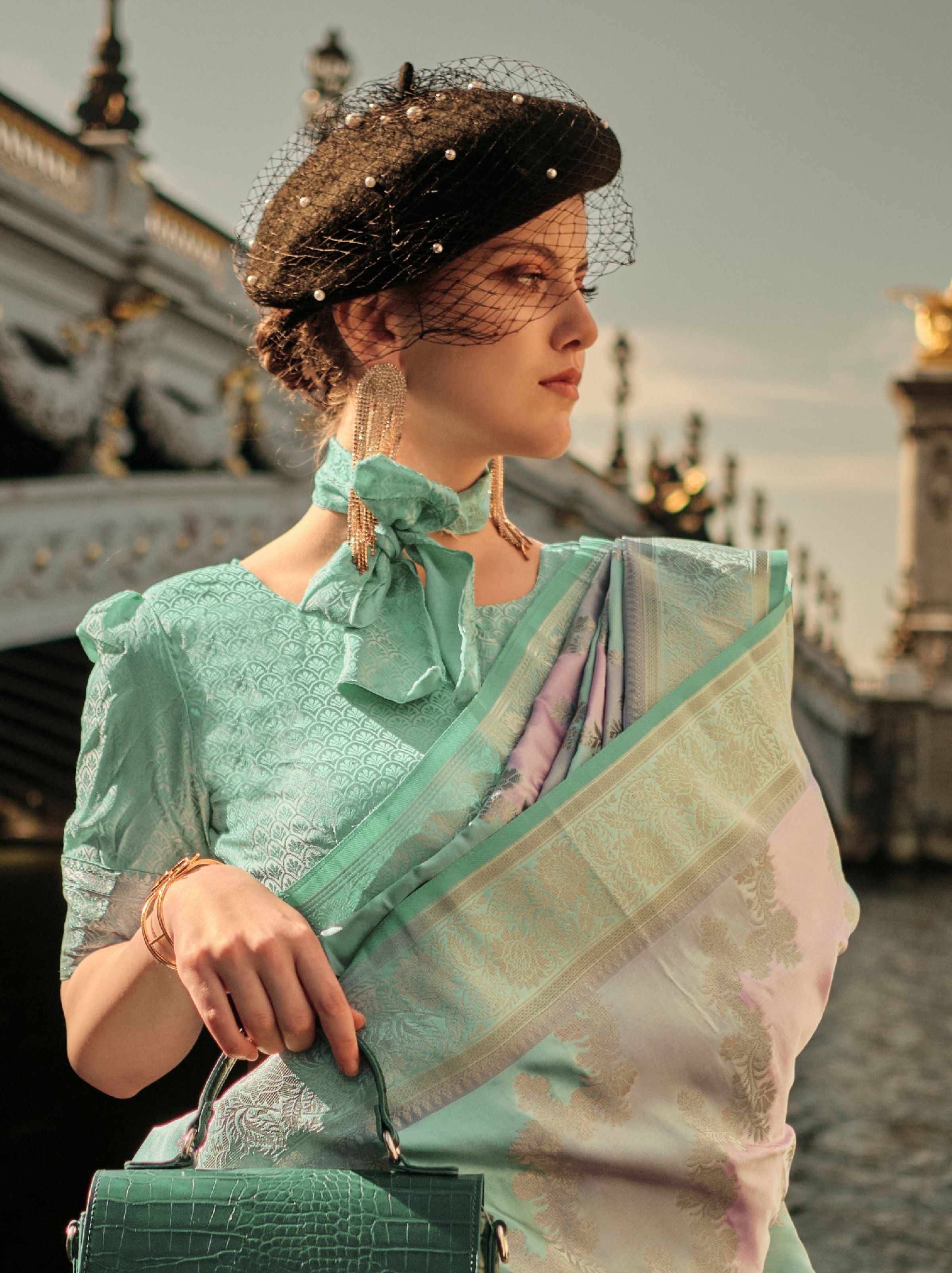 Green-Pink Designer Satin Silk Blended Saree - TrendOye