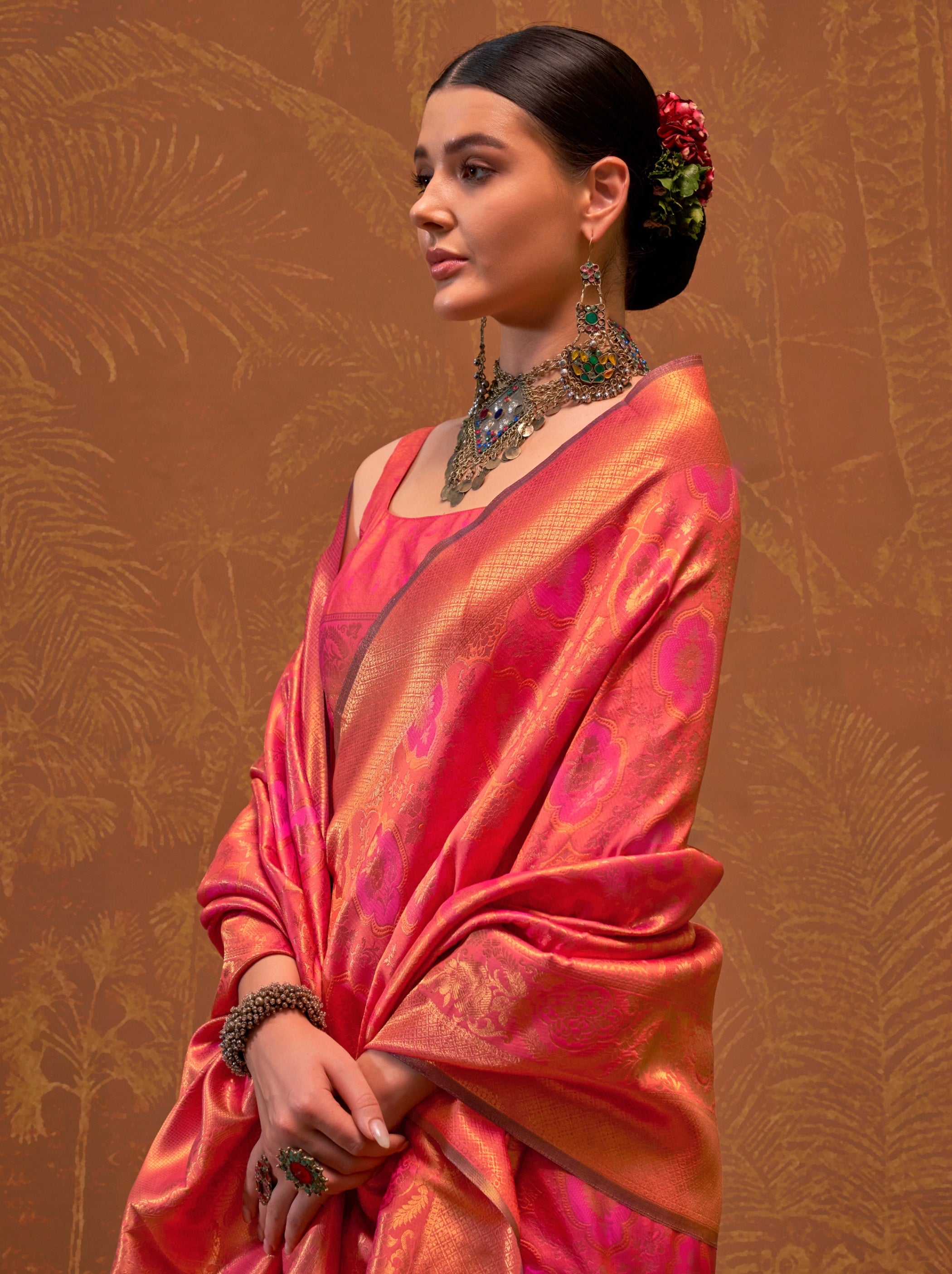 Punch Pink Handloom Weaving Silk Festive Saree With Blouse Piece - TrendOye