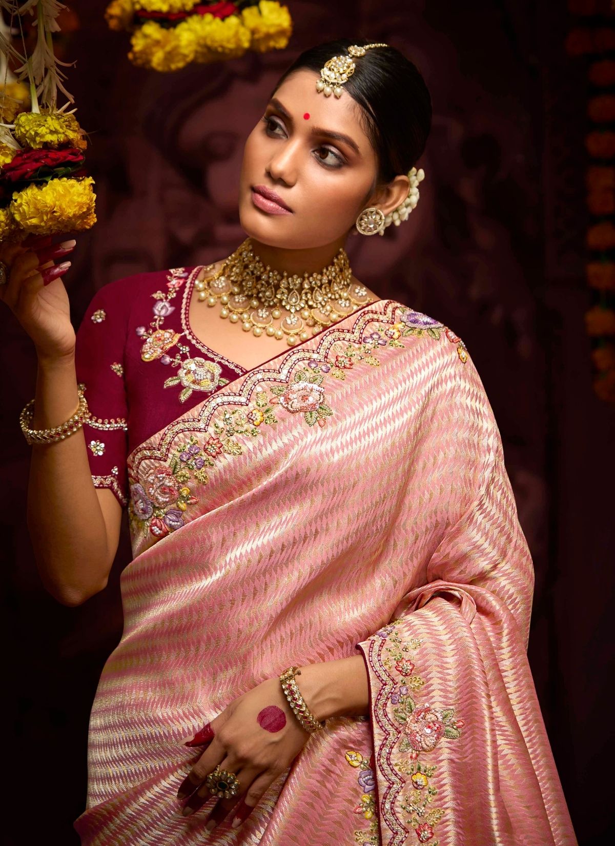Baby Pink Luxury Banarasi Kanjivaram Saree with Embroidery - TrendOye