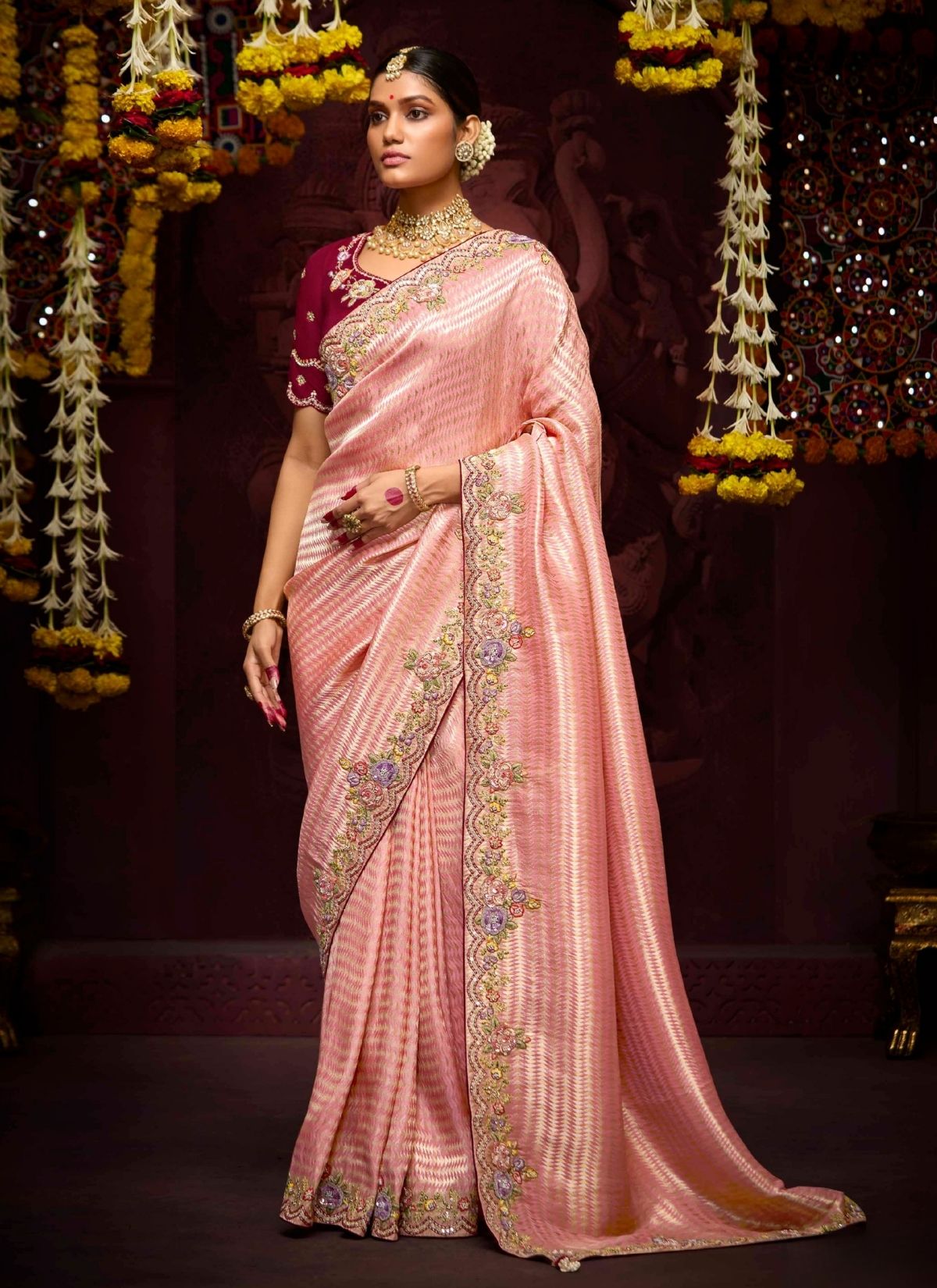 Baby Pink Luxury Banarasi Kanjivaram Saree with Embroidery - TrendOye