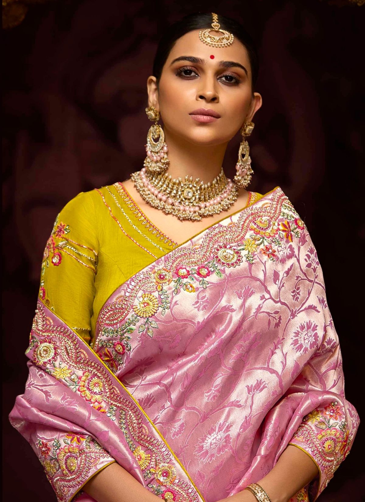 Rose Pink Luxury Banarasi Kanjivaram Saree with Embroidery - TrendOye