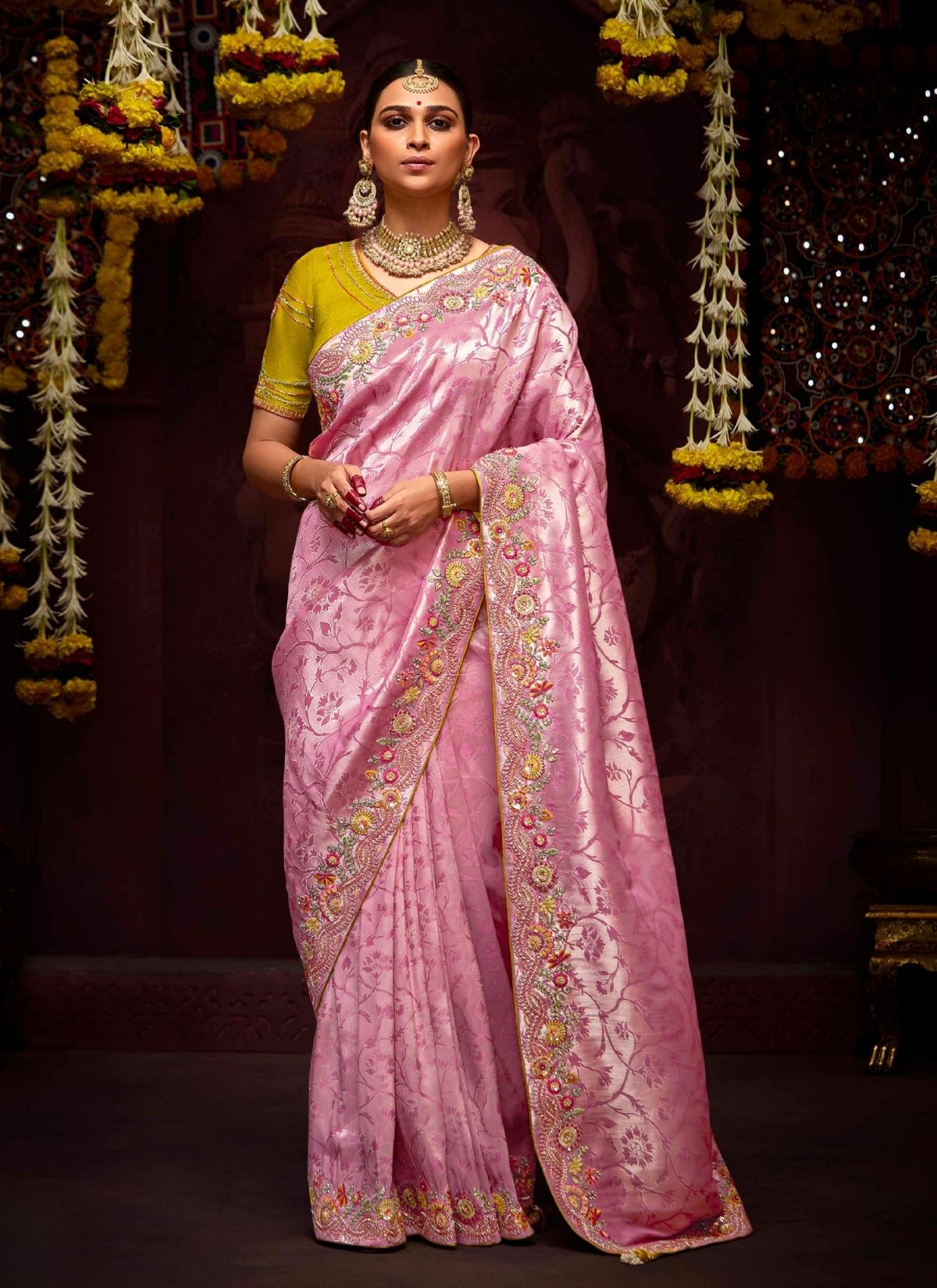 Rose Pink Luxury Banarasi Kanjivaram Saree with Embroidery - TrendOye