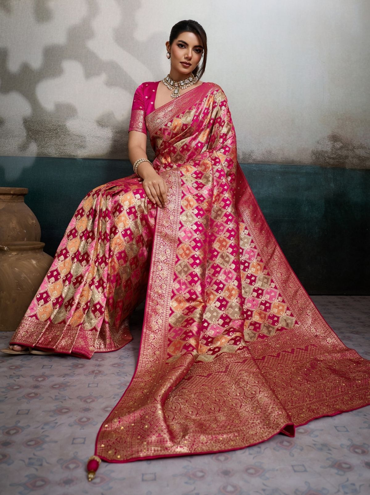Magenta Pink Luxury Satin Jacquard Saree With Blouse Piece