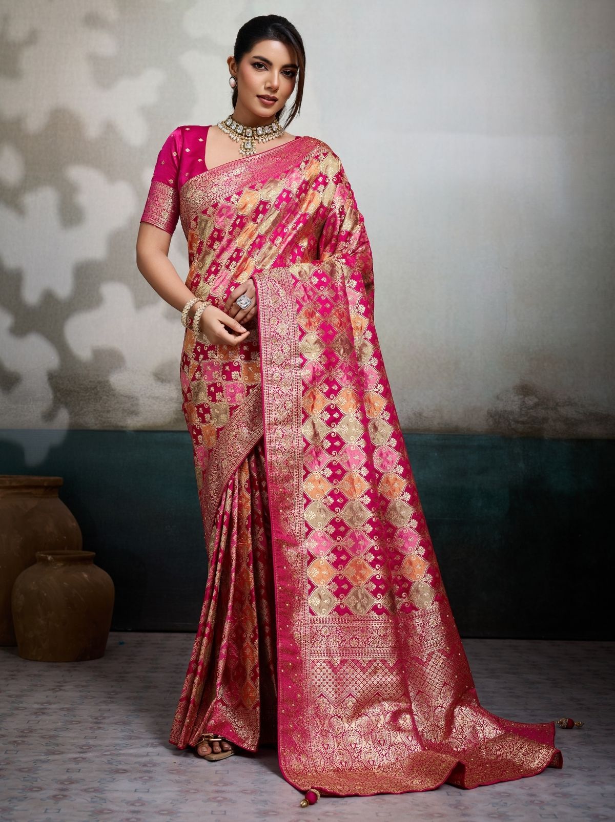 Magenta Pink Luxury Satin Jacquard Saree With Blouse Piece