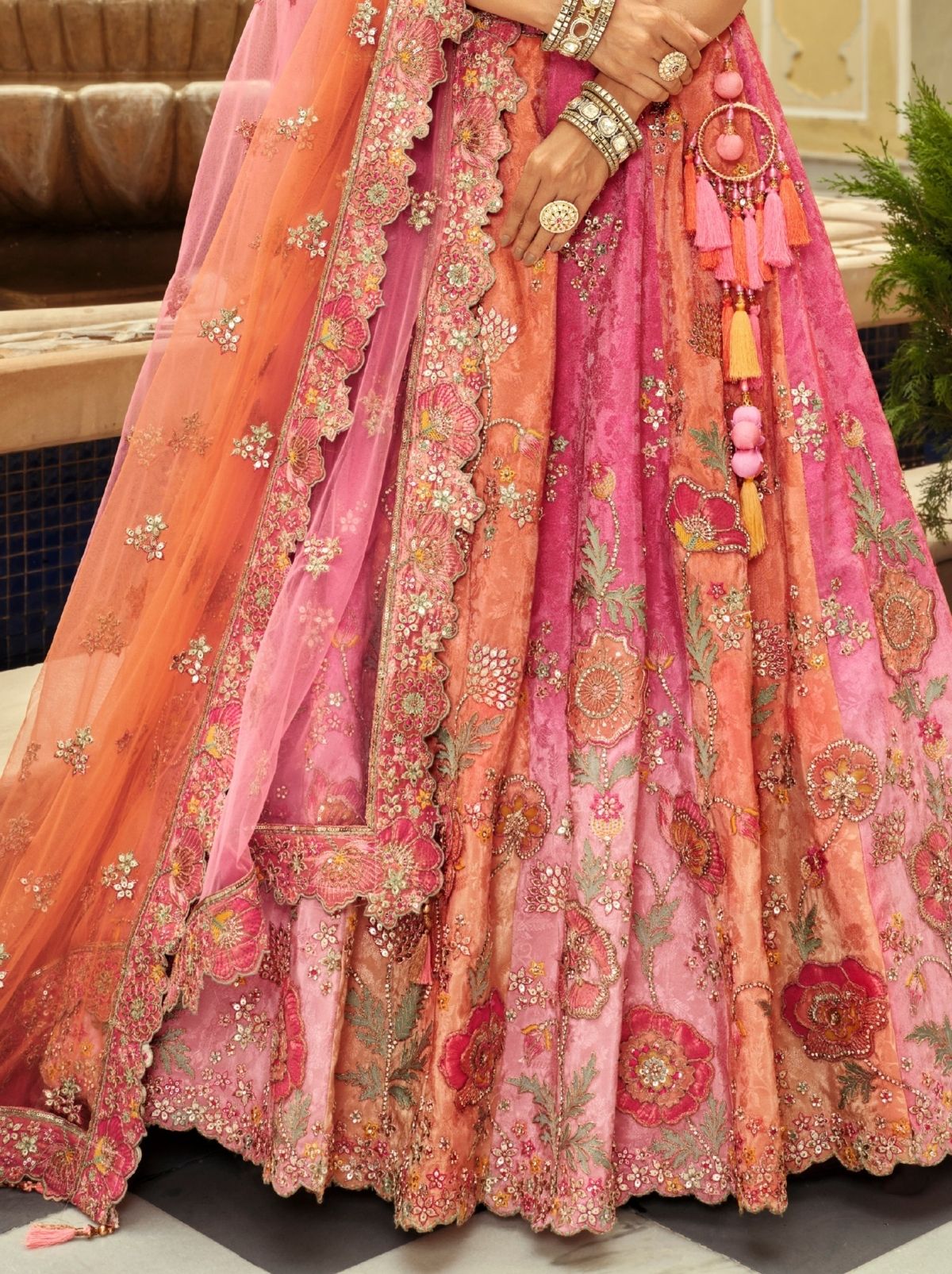 Rose Pink Majestic Wedding Lehenga Set With Mirror Work