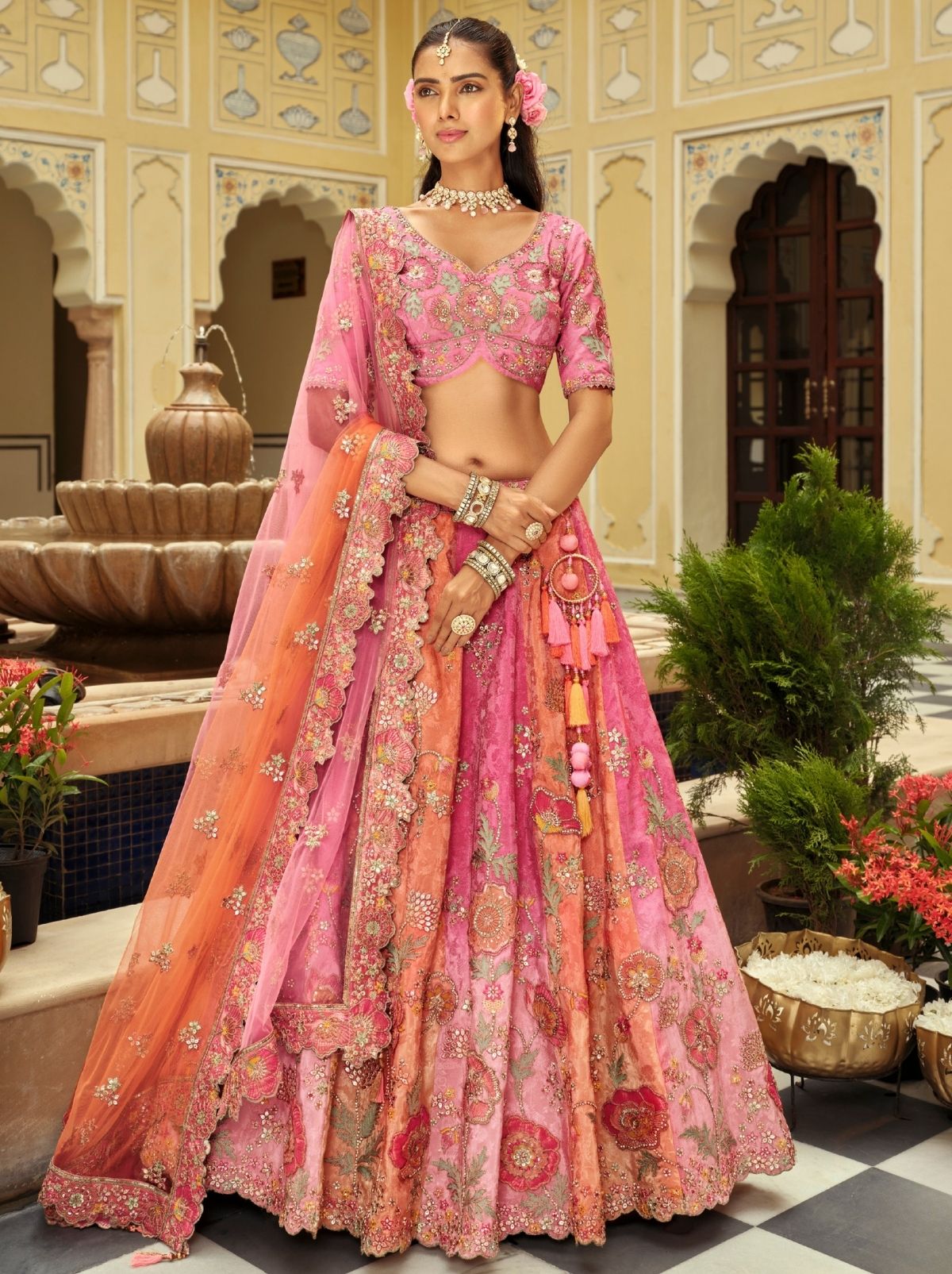 Rose Pink Majestic Wedding Lehenga Set With Mirror Work