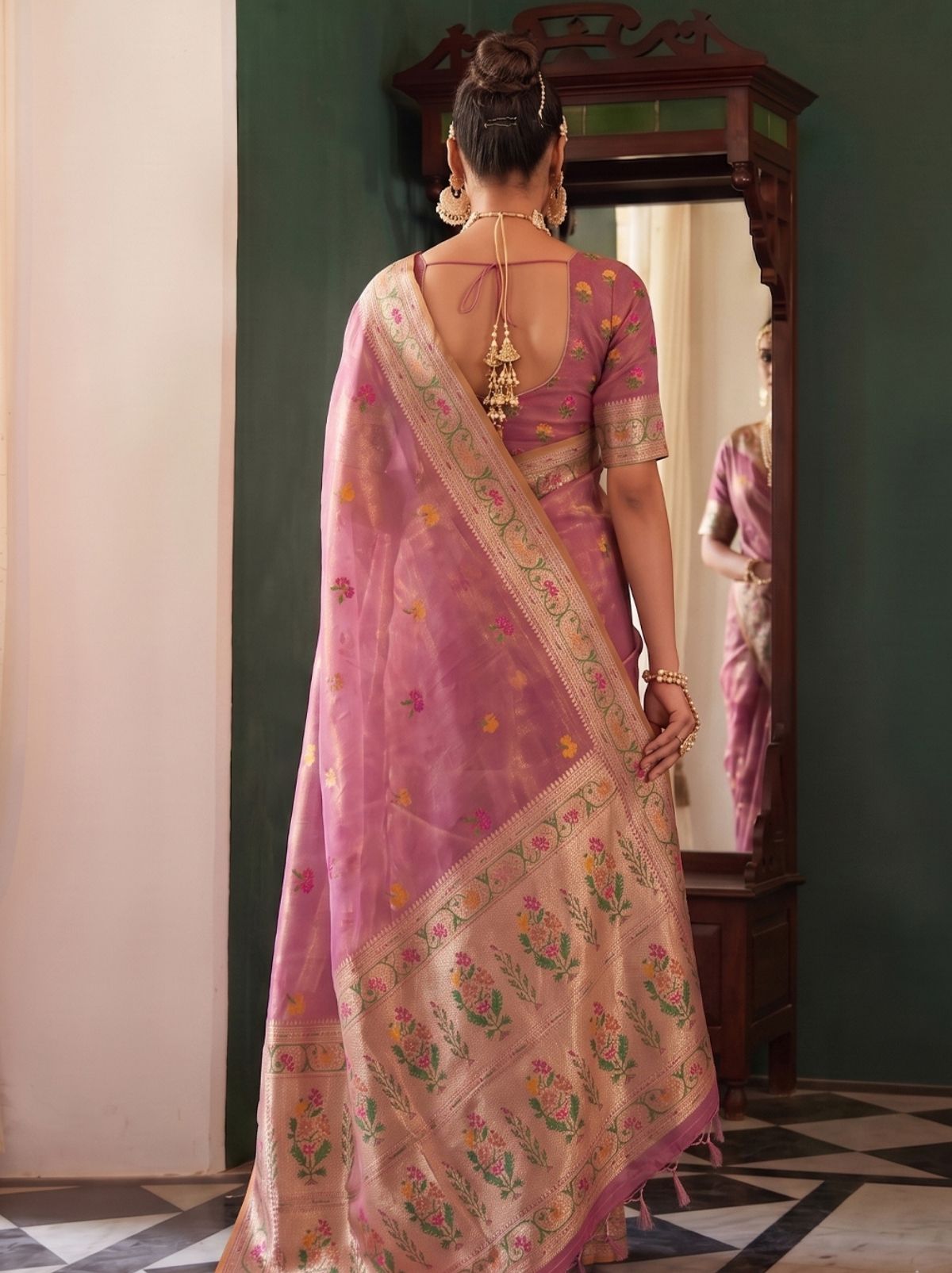 Dusty Pink Opulent Tissue Silk Saree with Soft Gold Zari Work